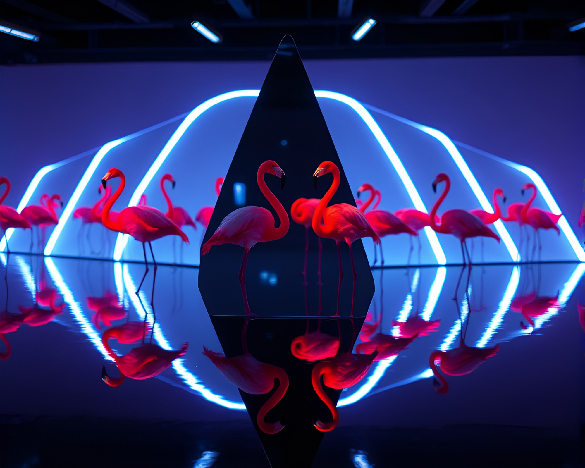 Flamingo Reflection in Sapphire Mirror Shard under Fluorescent Lights – free AI stock image