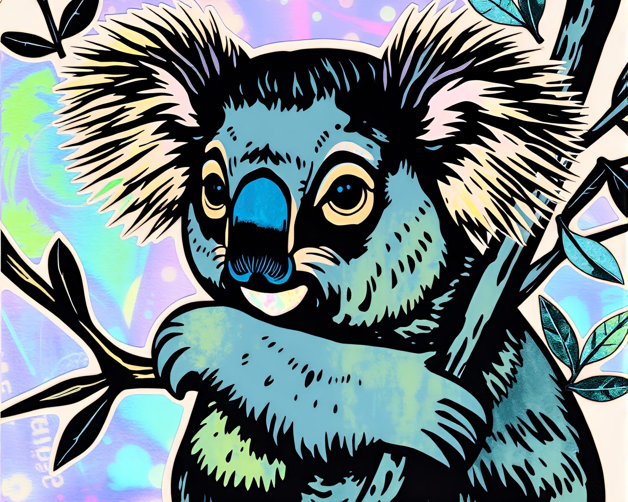 Koala Woodcut Collage with Holographic Sheen – free AI stock image