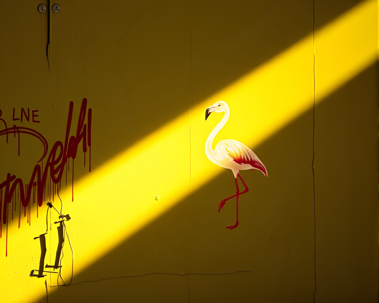 Colorful street art of a flamingo in lemon yellow spotlight