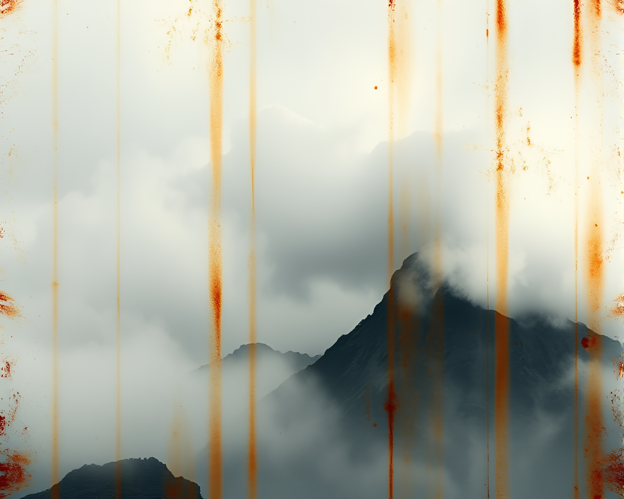 Misty Mountain Surreal Rust Streaks Photocollage – free AI stock image