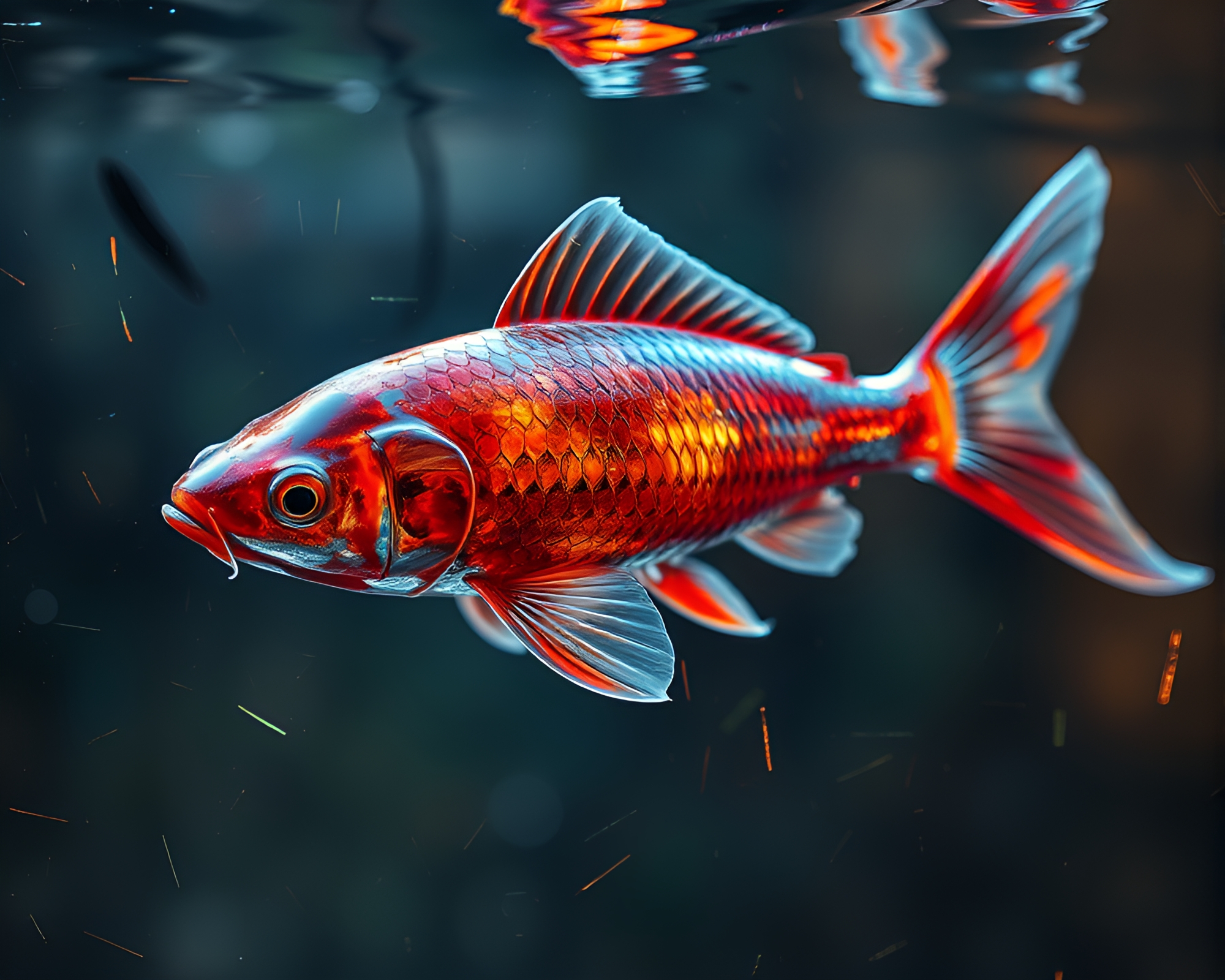 Prismatic Koi Fish Amid Metallic Scratches – free AI stock image