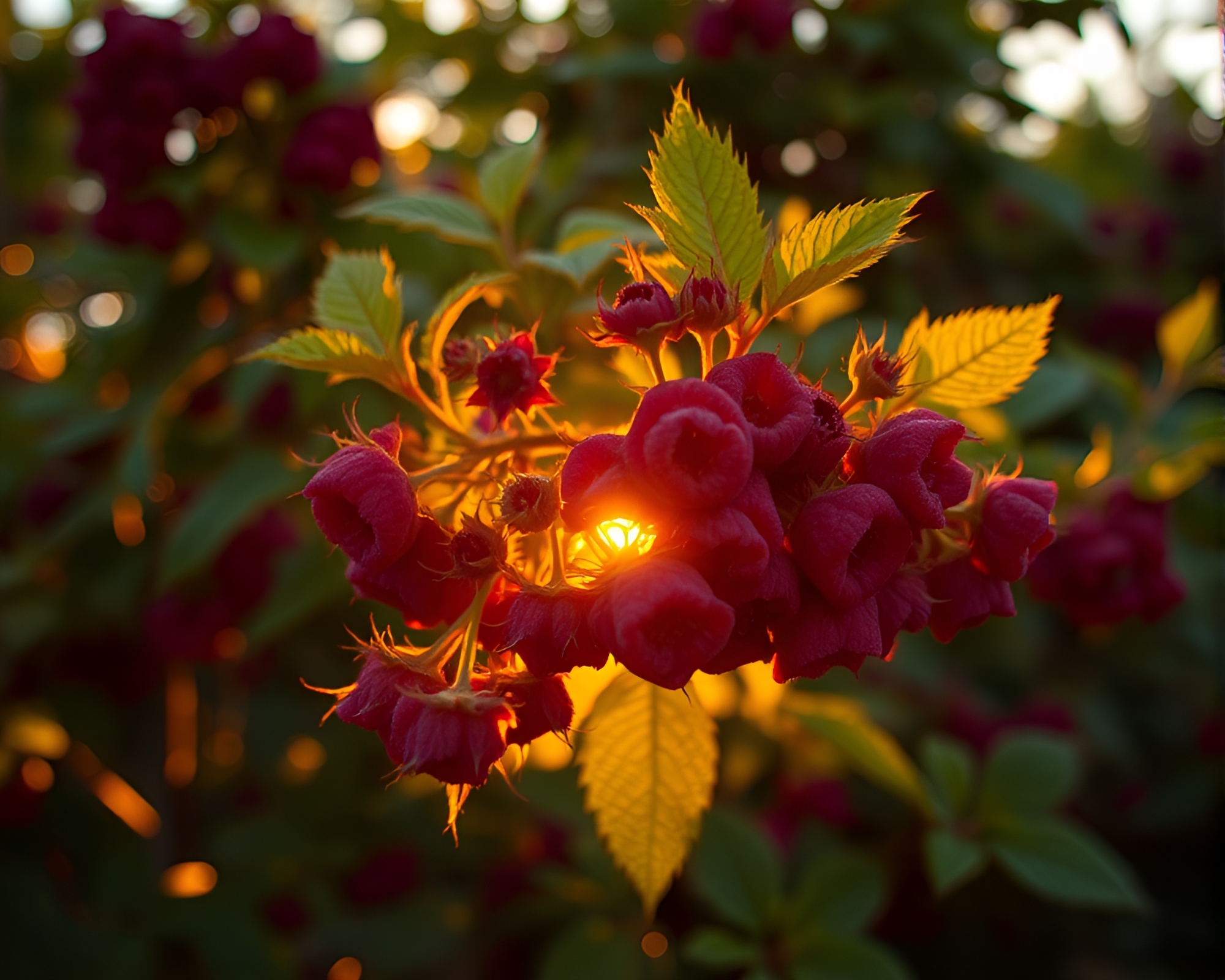 Raspberry Bush Lens Distortion Golden Hour Fantasy – free AI stock image