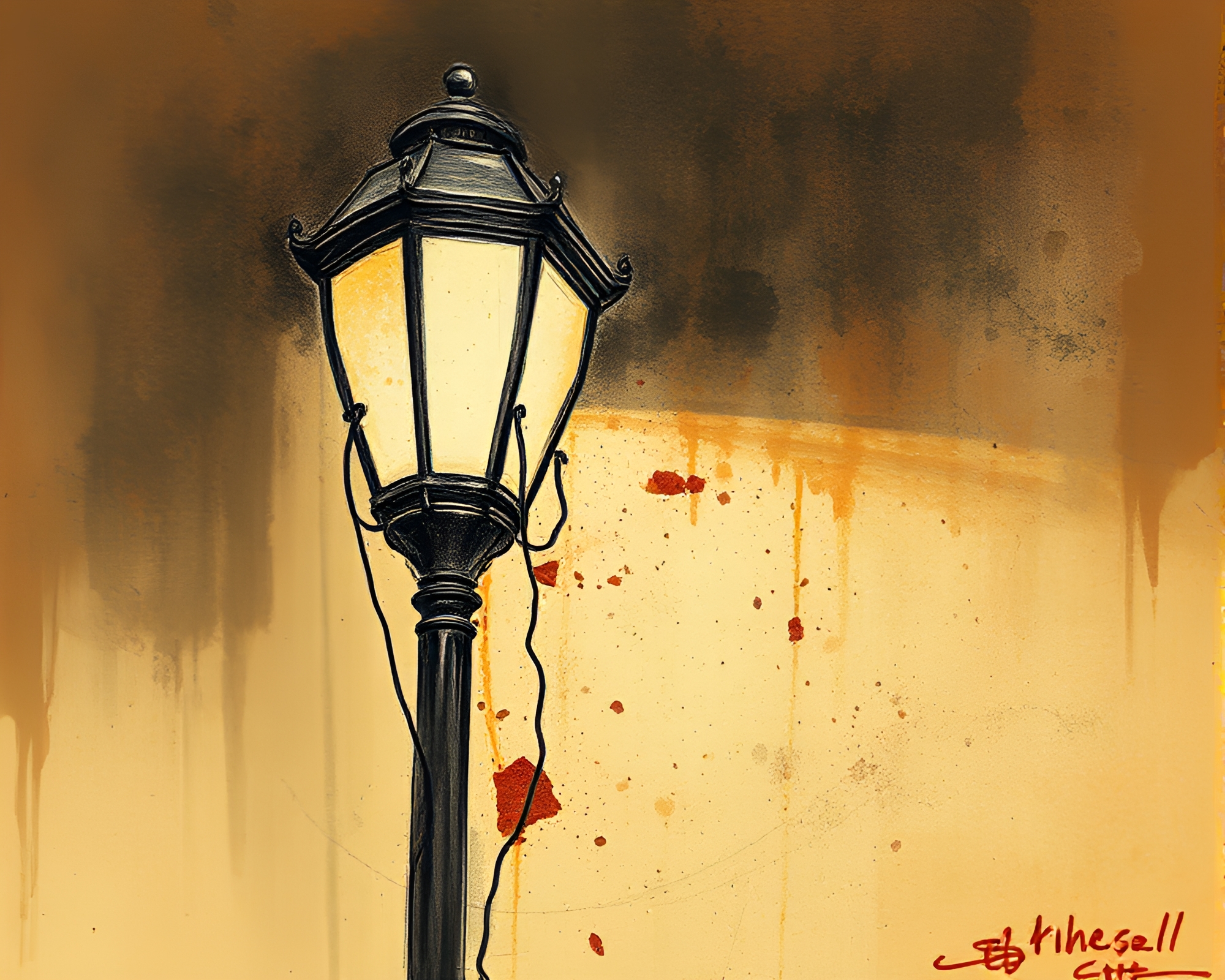 Rustic Charcoal Sketch: Streetlamp Glow Duochrome Beauty – free AI stock image