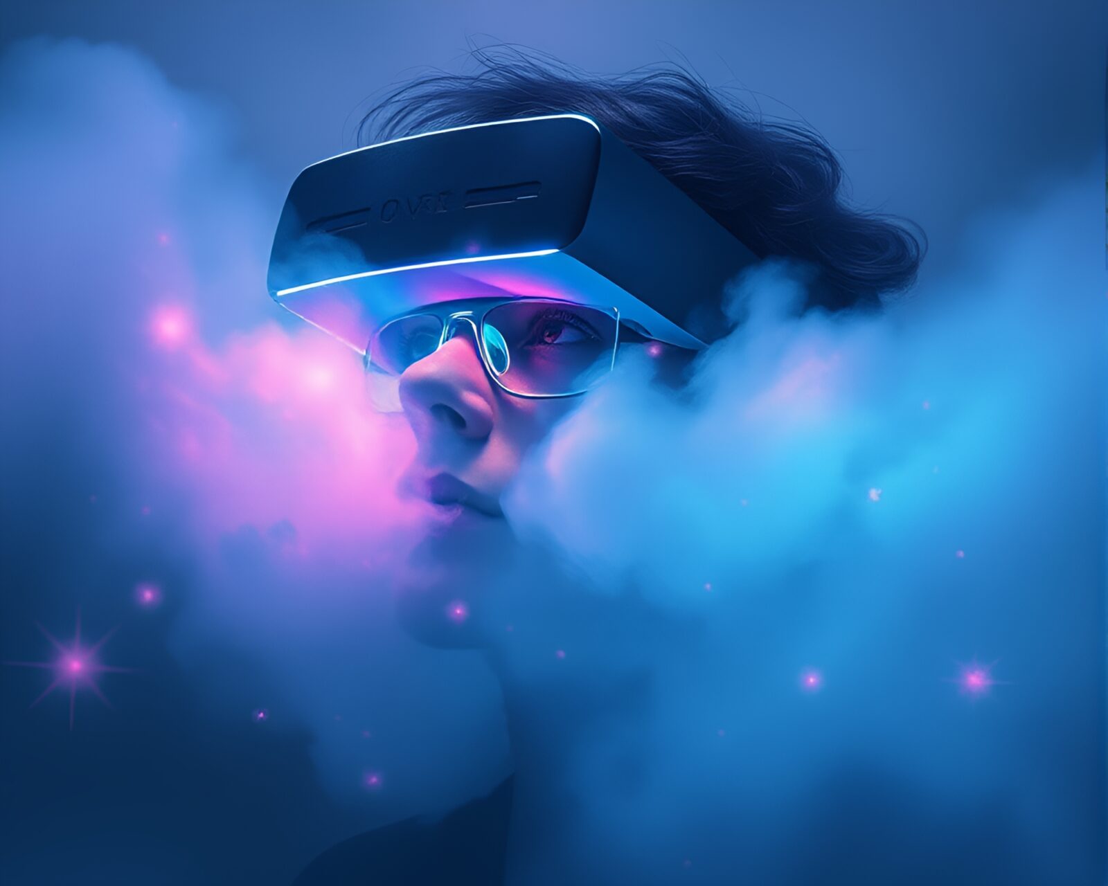 Surreal scene with glowing AR glasses in misty pastel hues