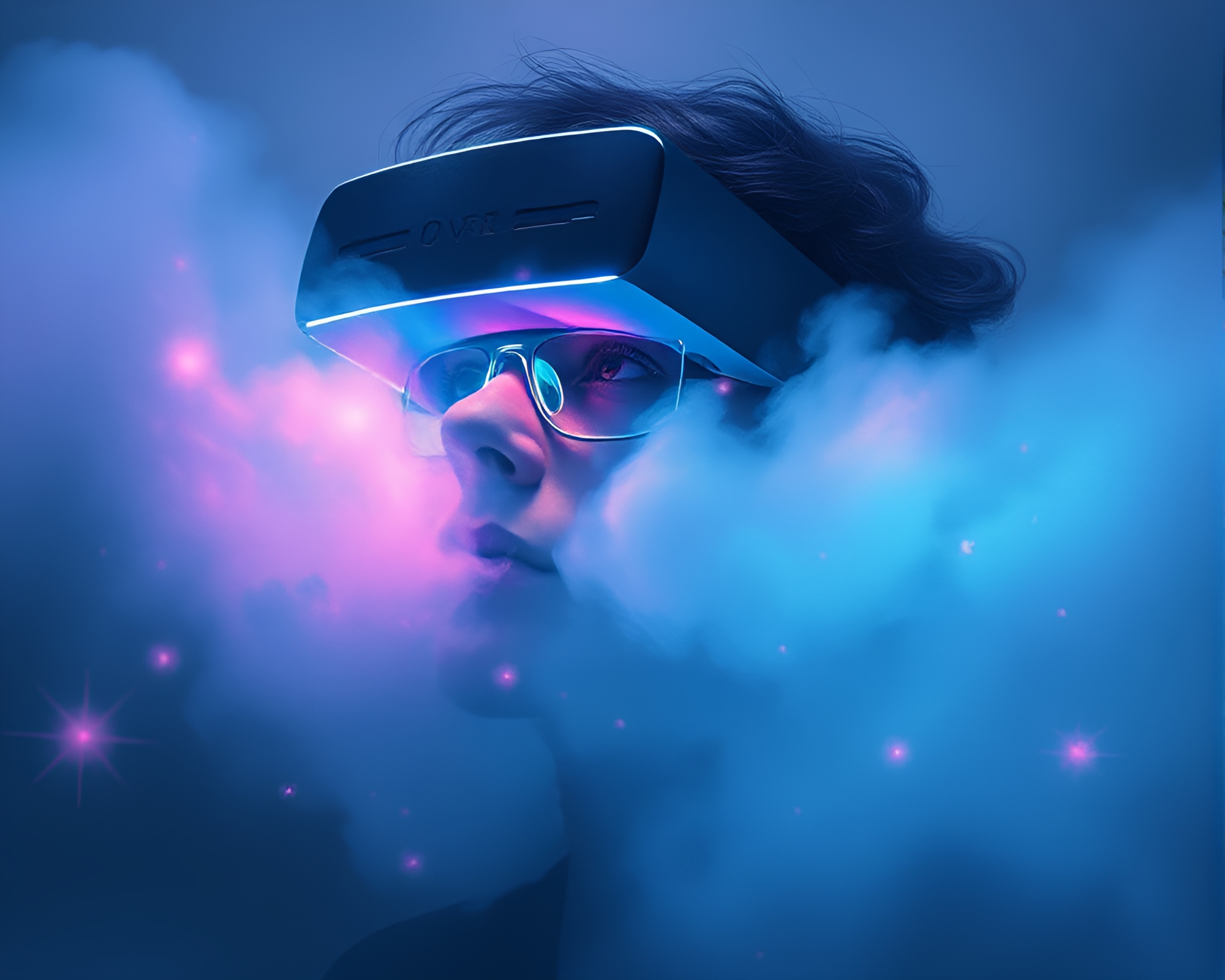 Fog-Drifting Augmented Reality Glasses in Bioluminescent Pastel World – free AI stock image