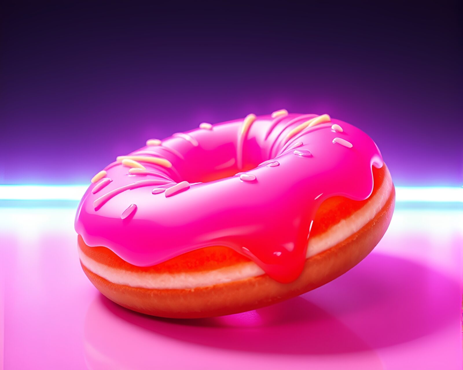 Jelly-filled doughnut under eerie neon lights at angled perspective