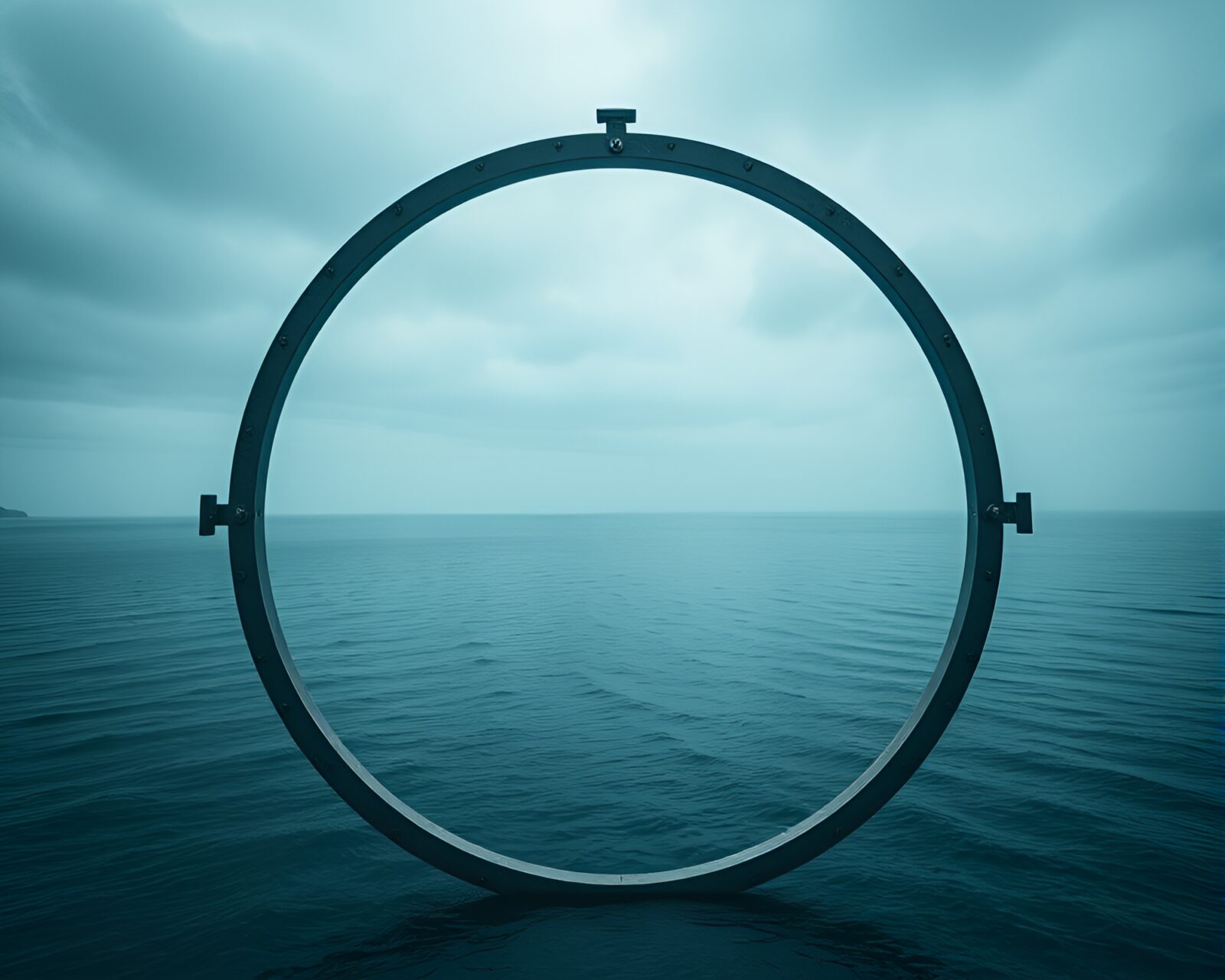 A sea plane floating inside a circular frame with ambient lighting