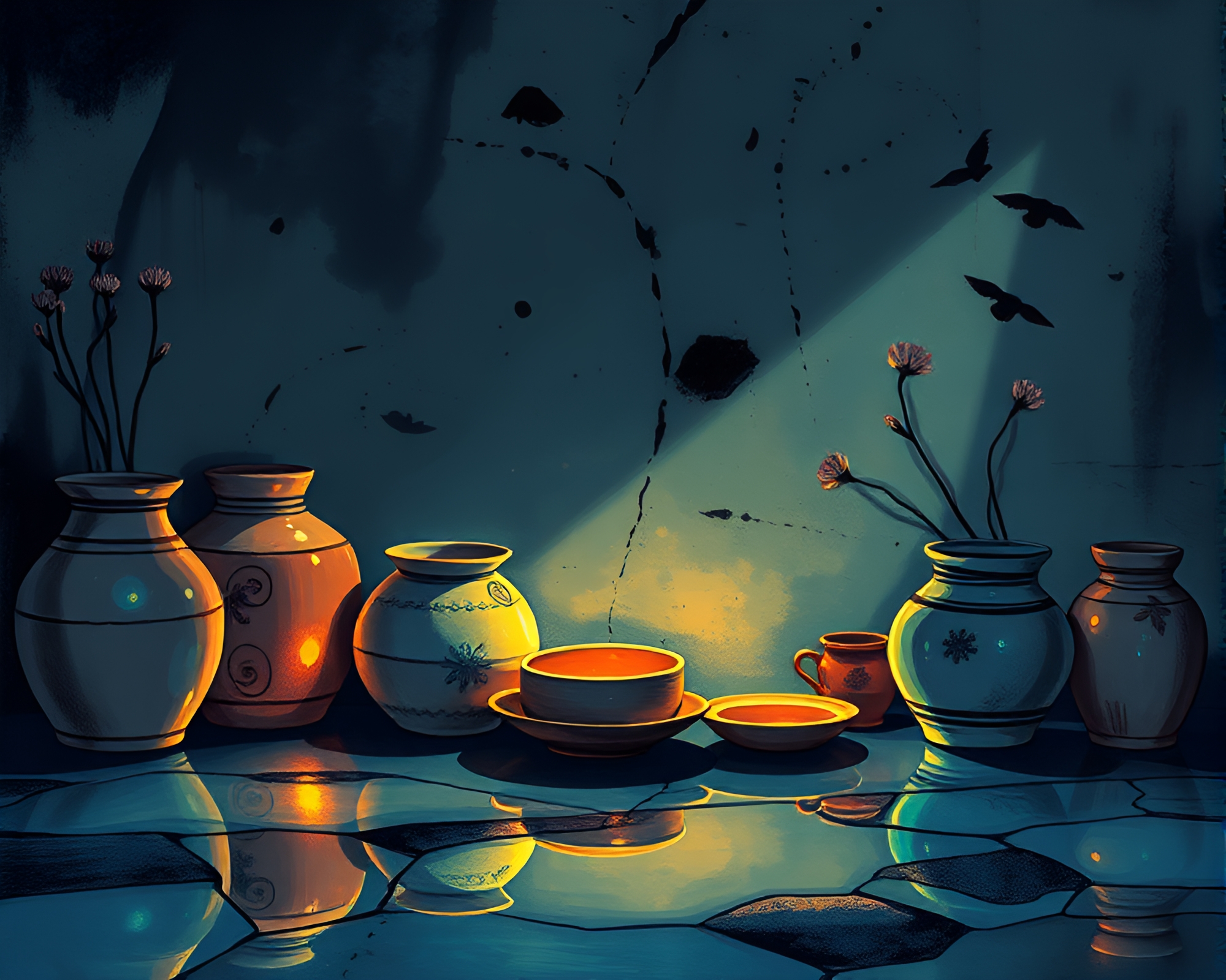 Rustic Pottery Reflections in Phosphorescent Fashion Illustration – free AI stock image