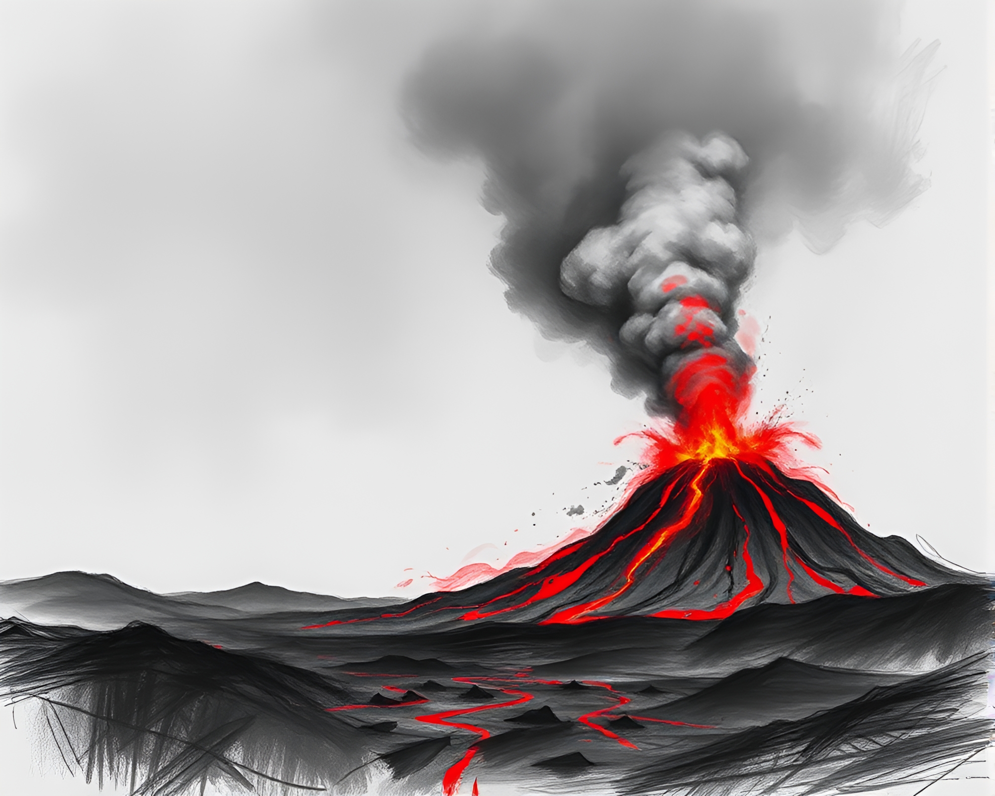 Erupting Volcano Charcoal Sketch in Dystopian Setting – free AI stock image