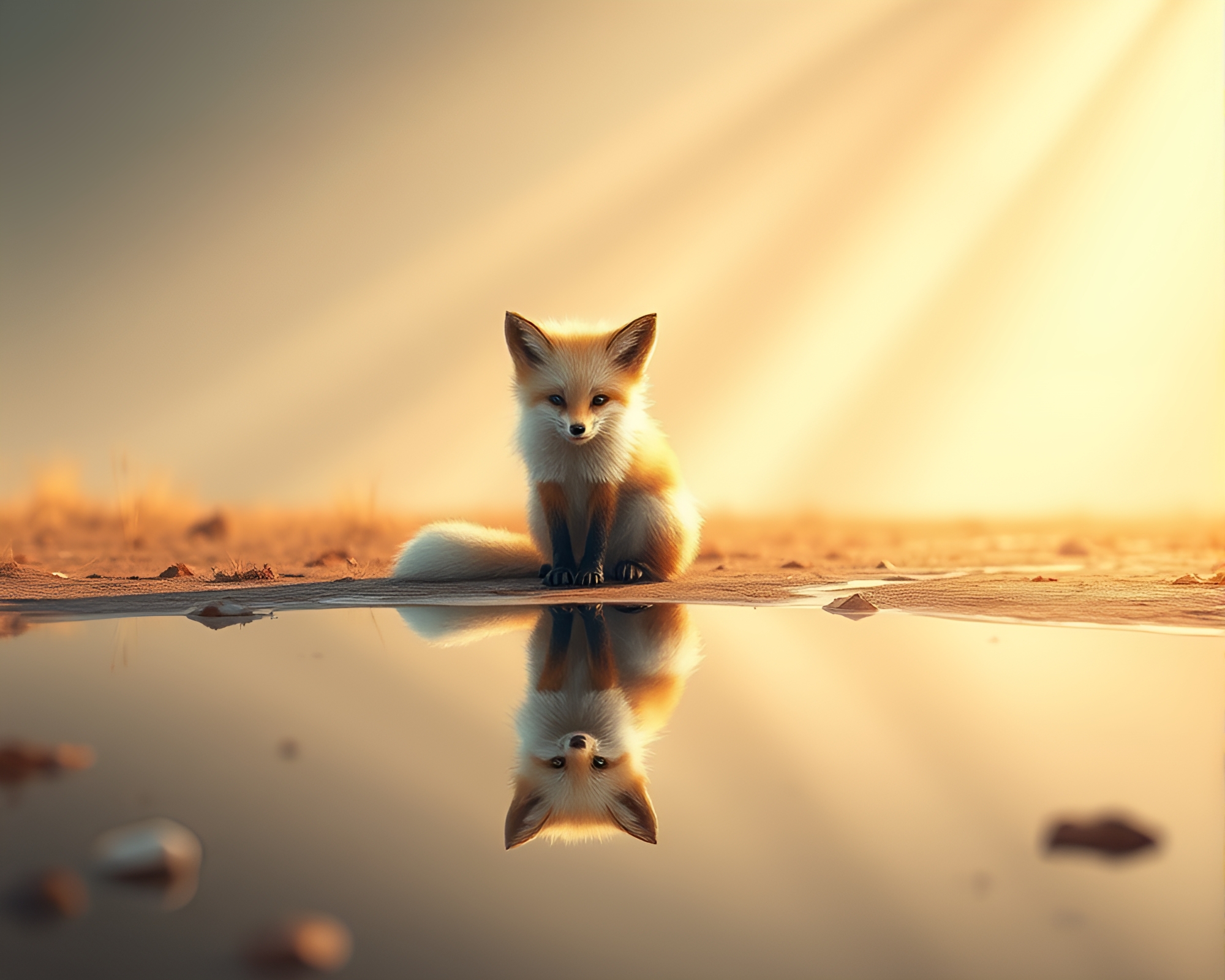 Mesmerizing Fennec Fox Puddle Reflection with God Rays – free AI stock image