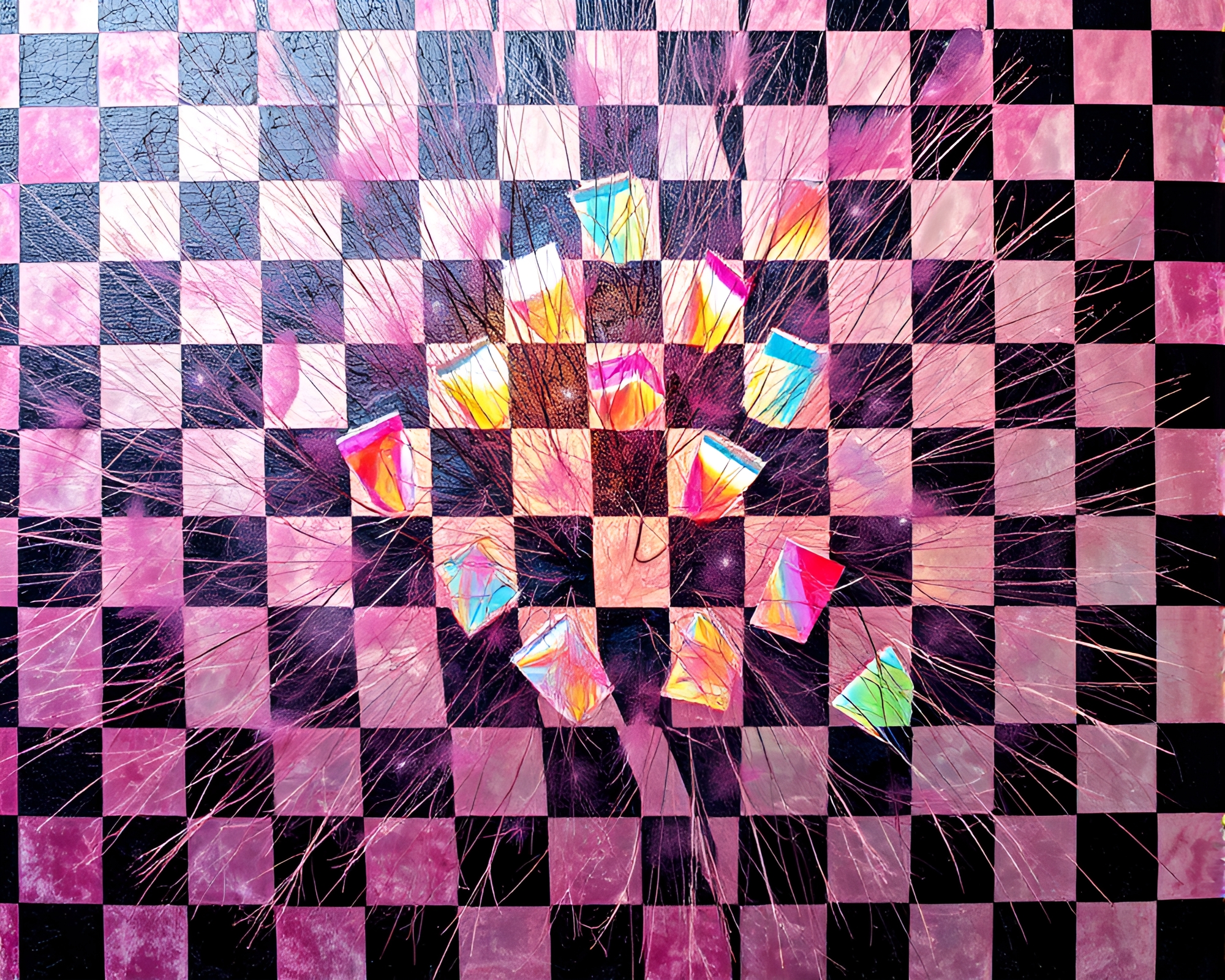 Holographic Ostrich in Checkered Palette Knife Painting – free AI stock image