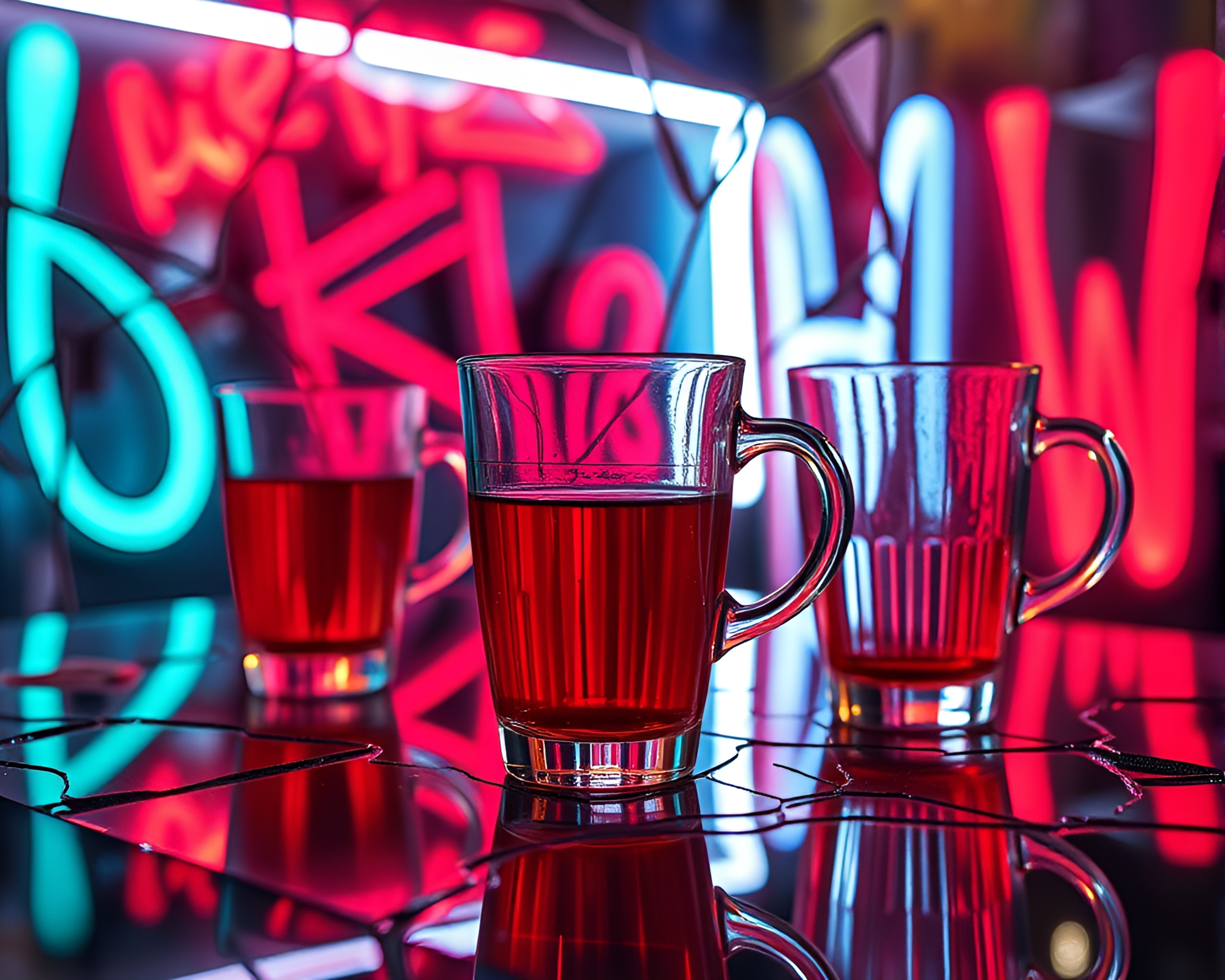 Neon Graffiti Tea Set Reflected in Broken Glass – free AI stock image