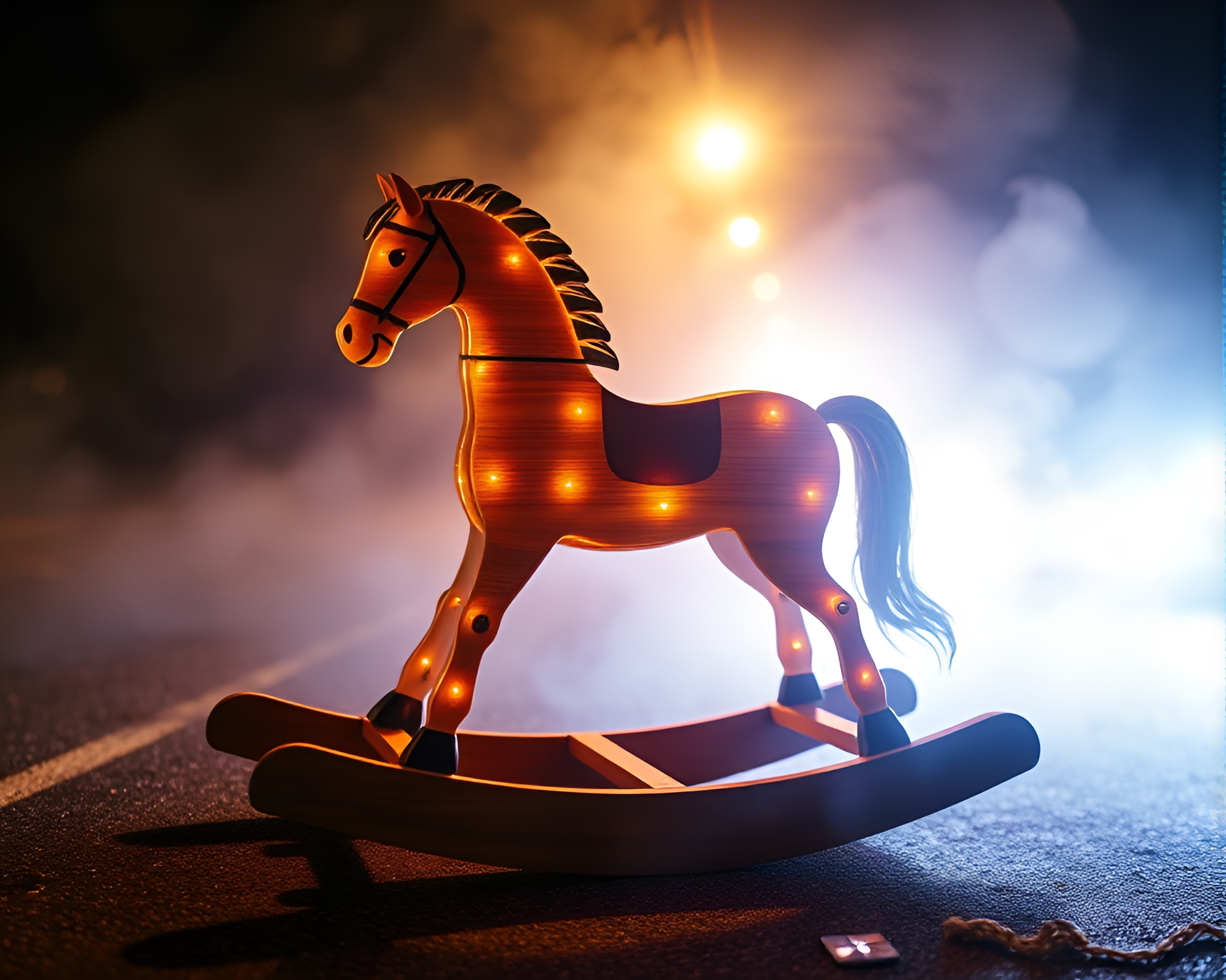 Neon car light trails illuminate wooden rocking horse – free AI stock image