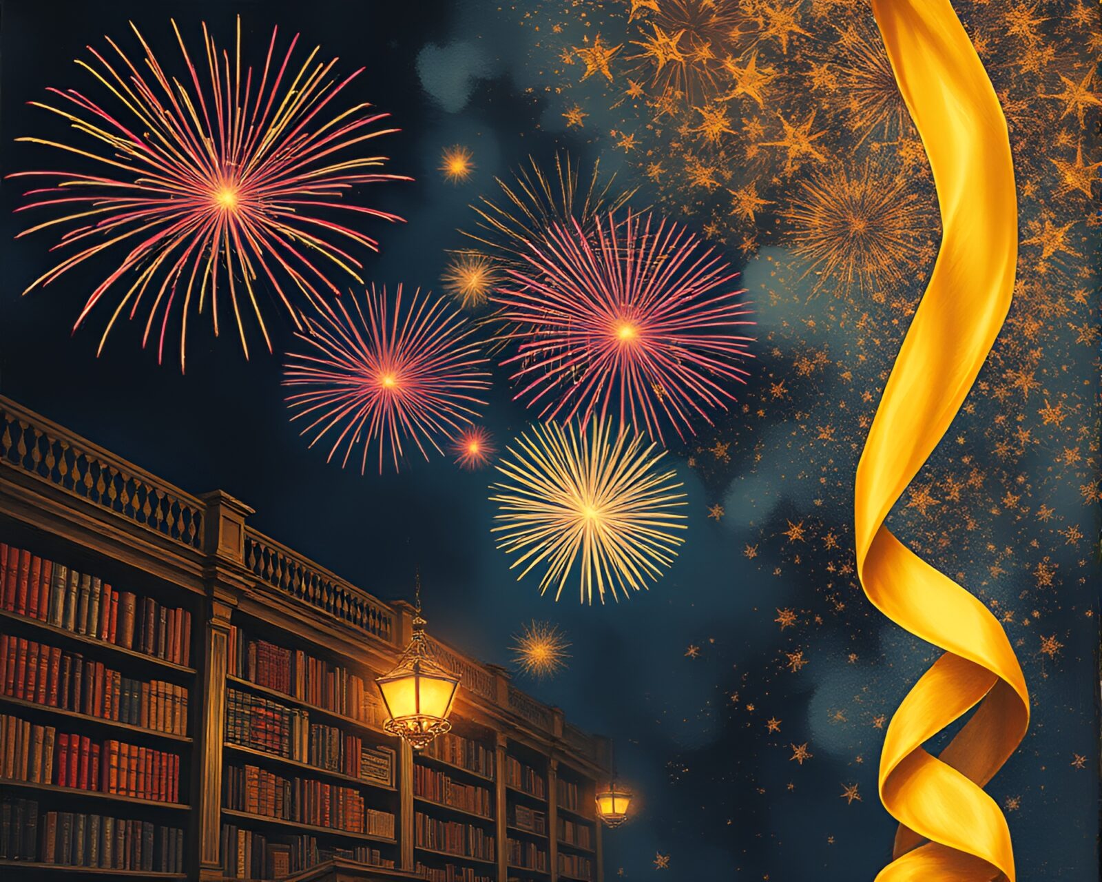 Vivid fresco painting of fireworks bursting with satin ribbons
