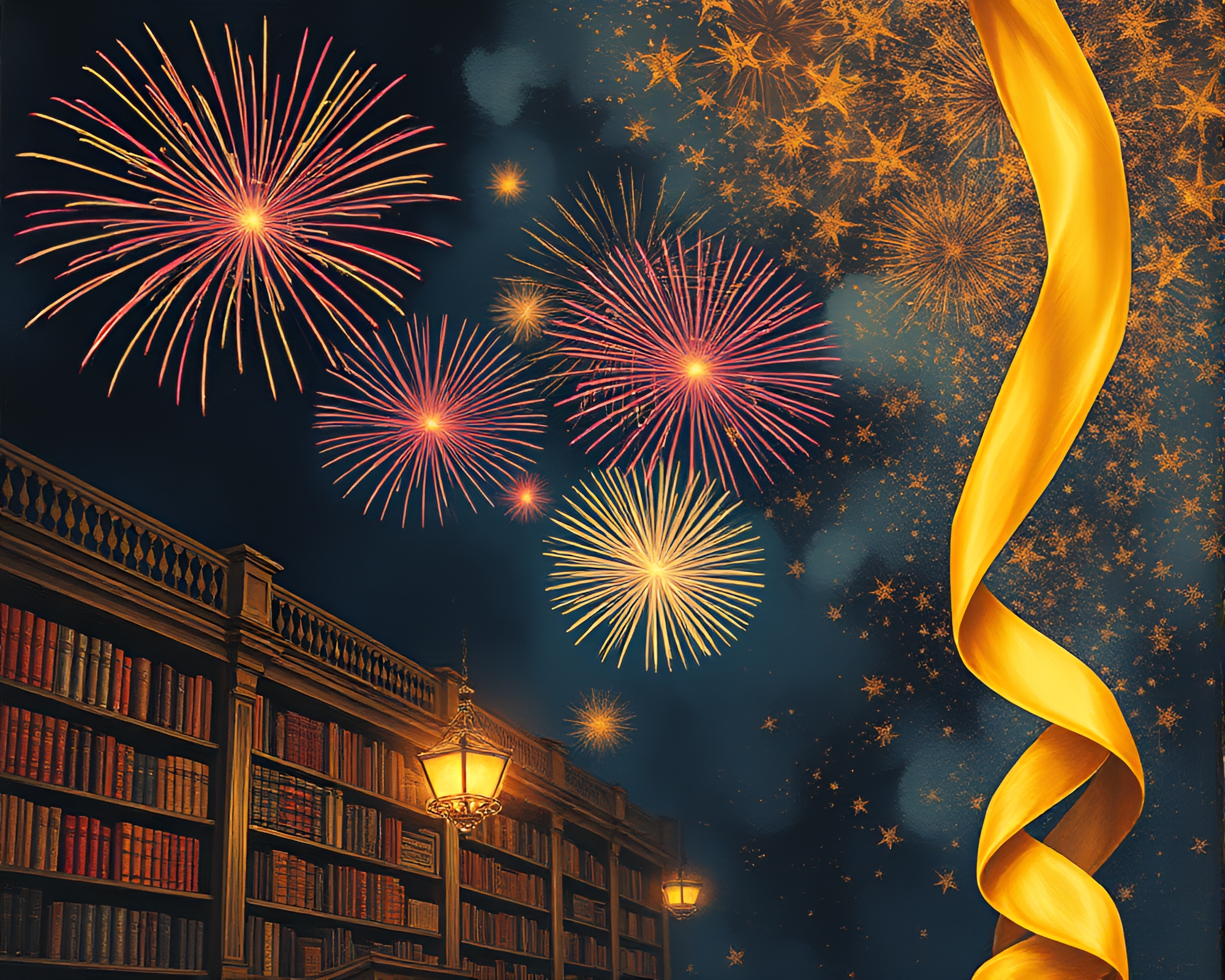 Explosive Fireworks Display with Satin Ribbon Accents – free AI stock image