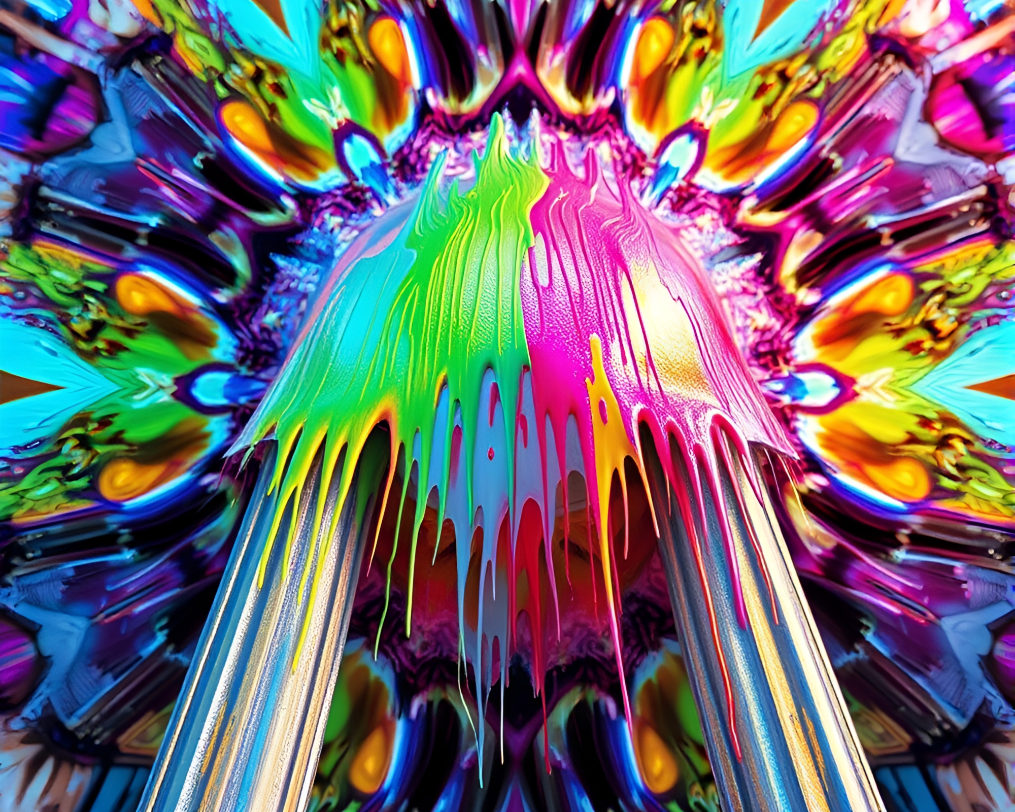 Iridescent Kaleidoscope Architecture with Spray Paint Drips – free AI stock image