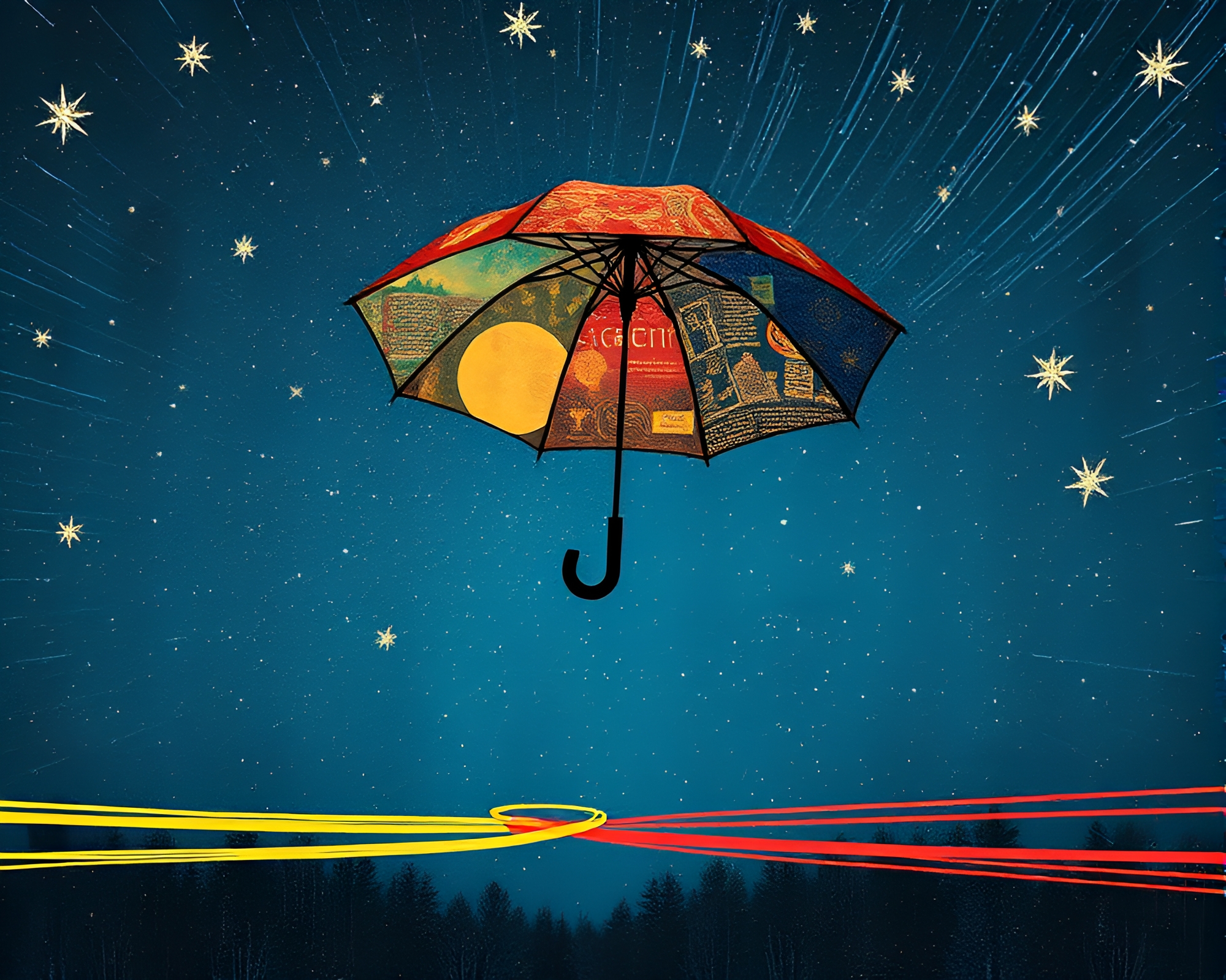 Dadaist Umbrella Dance under Starlit Trails – free AI stock image