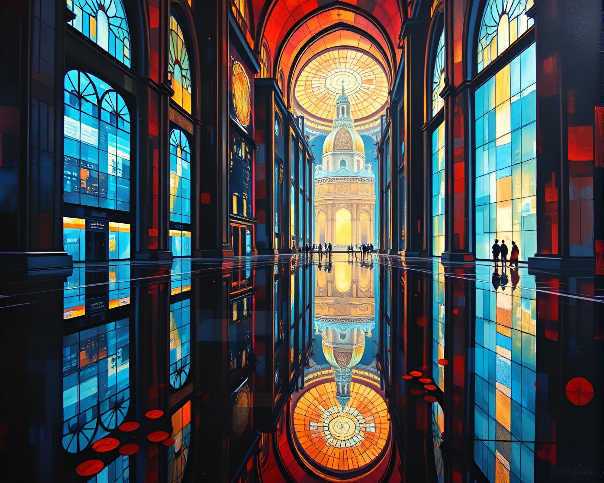 Futuristic Cityscape: Double Reflections and Stained Light – free AI stock image