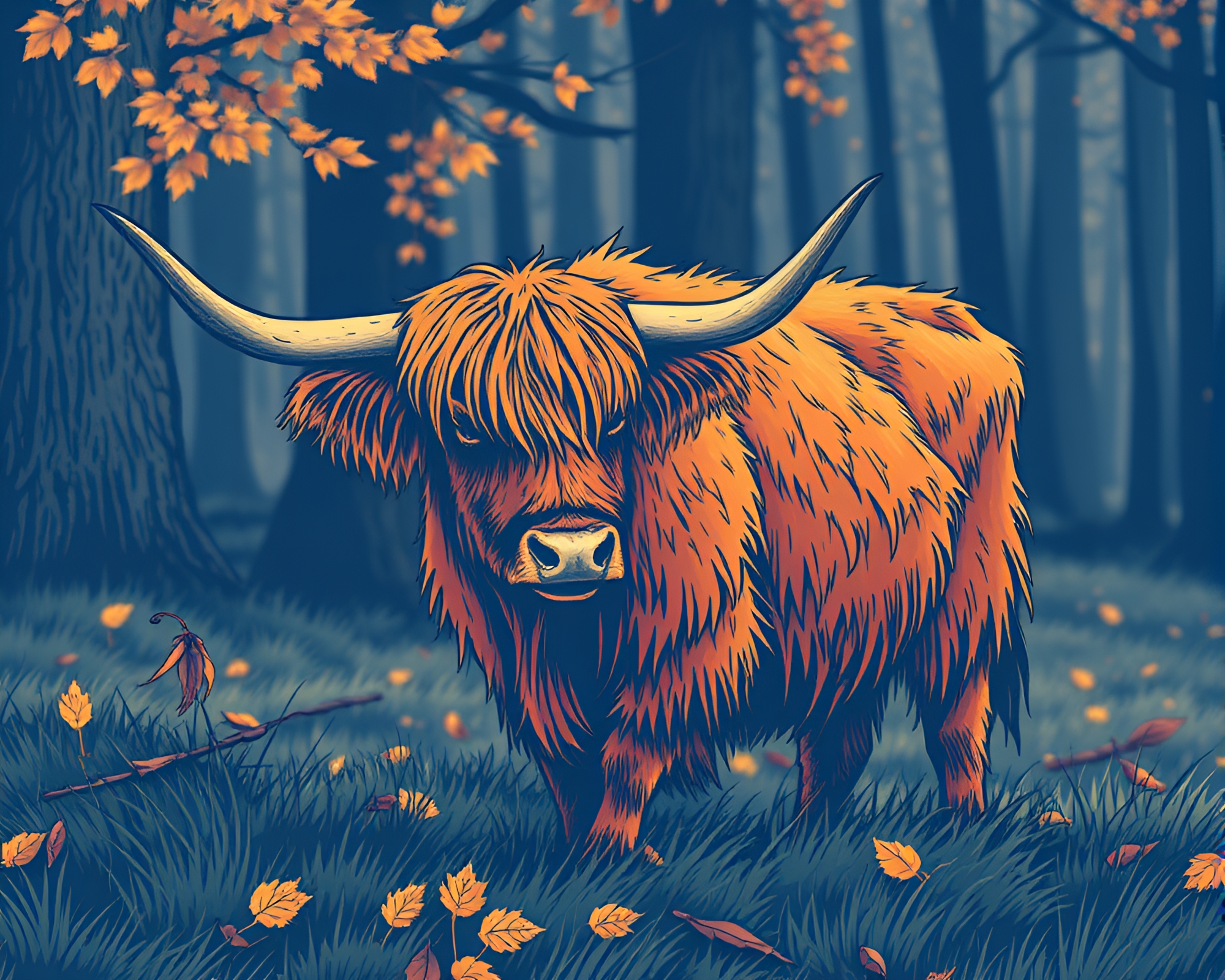 Highland Cow Among Sapphire Leaf Litter in Comic Book Style – free AI stock image