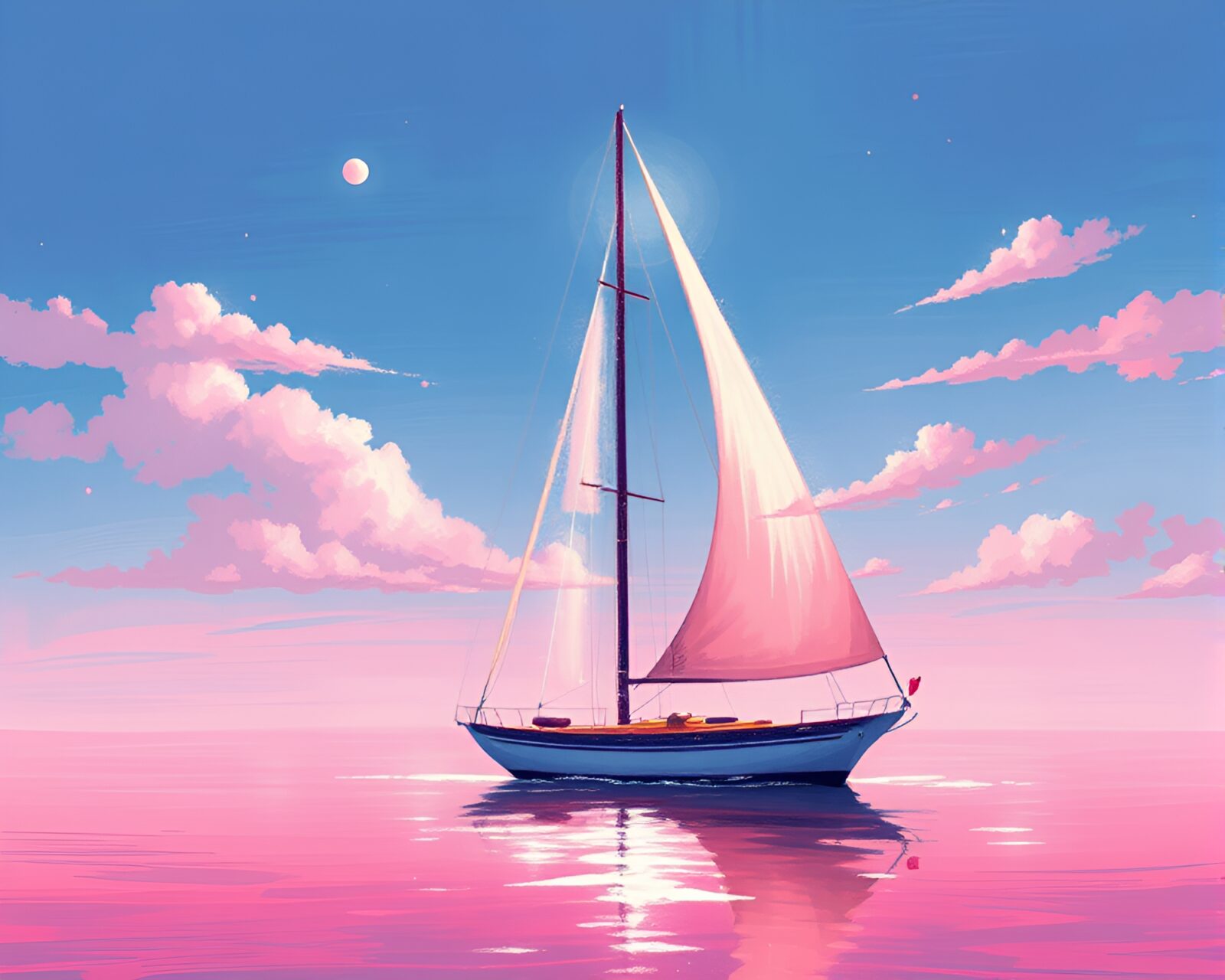Softly colored sailboat on pixelated ocean under warm lighting