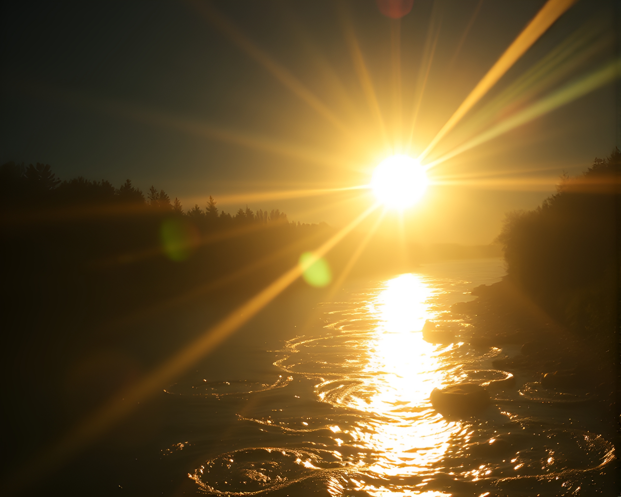 Savage River Sunset Lens Flare Retro Futurism – free AI stock image