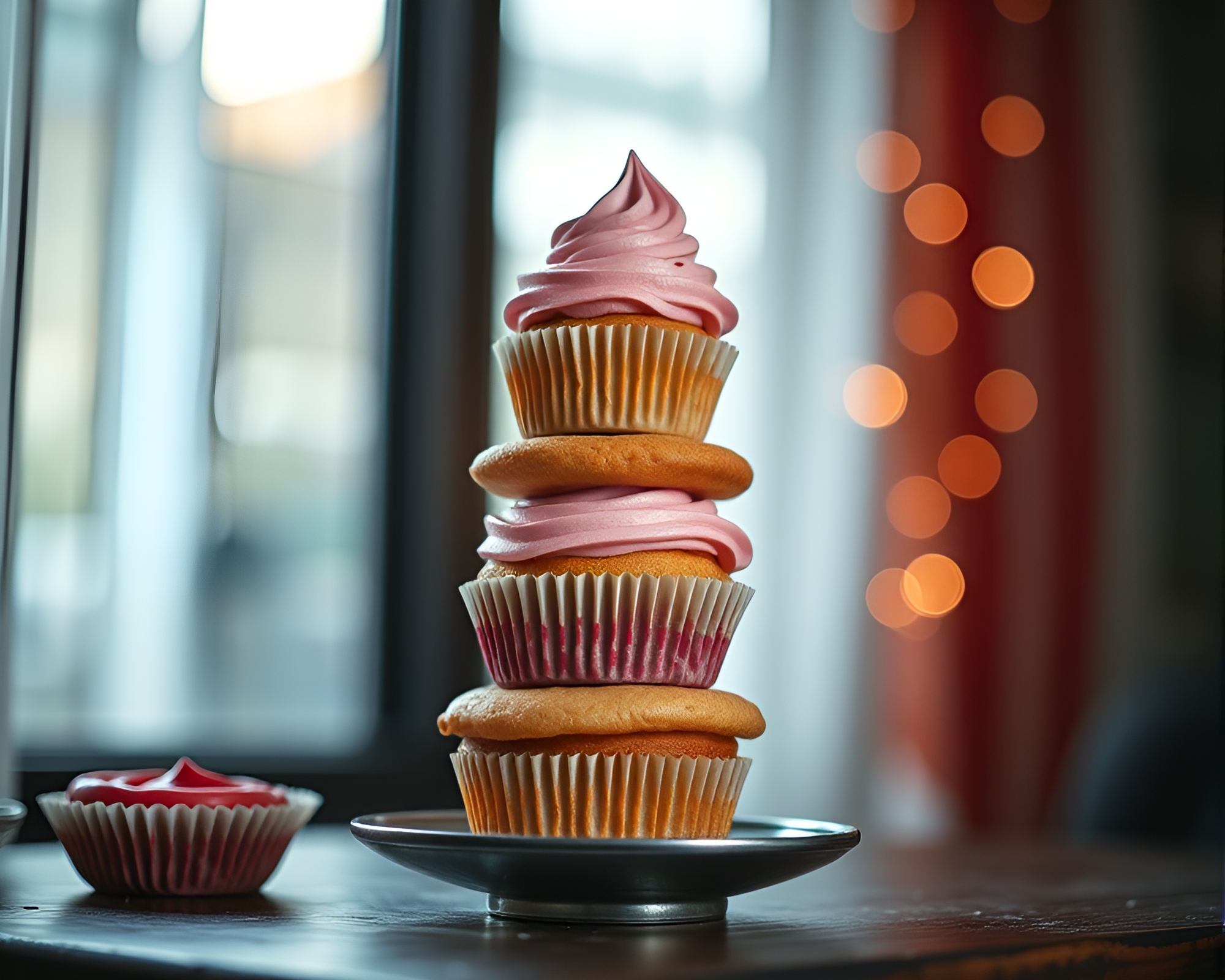 Whimsical Cupcake Tower At Tilted Angle – free AI stock image