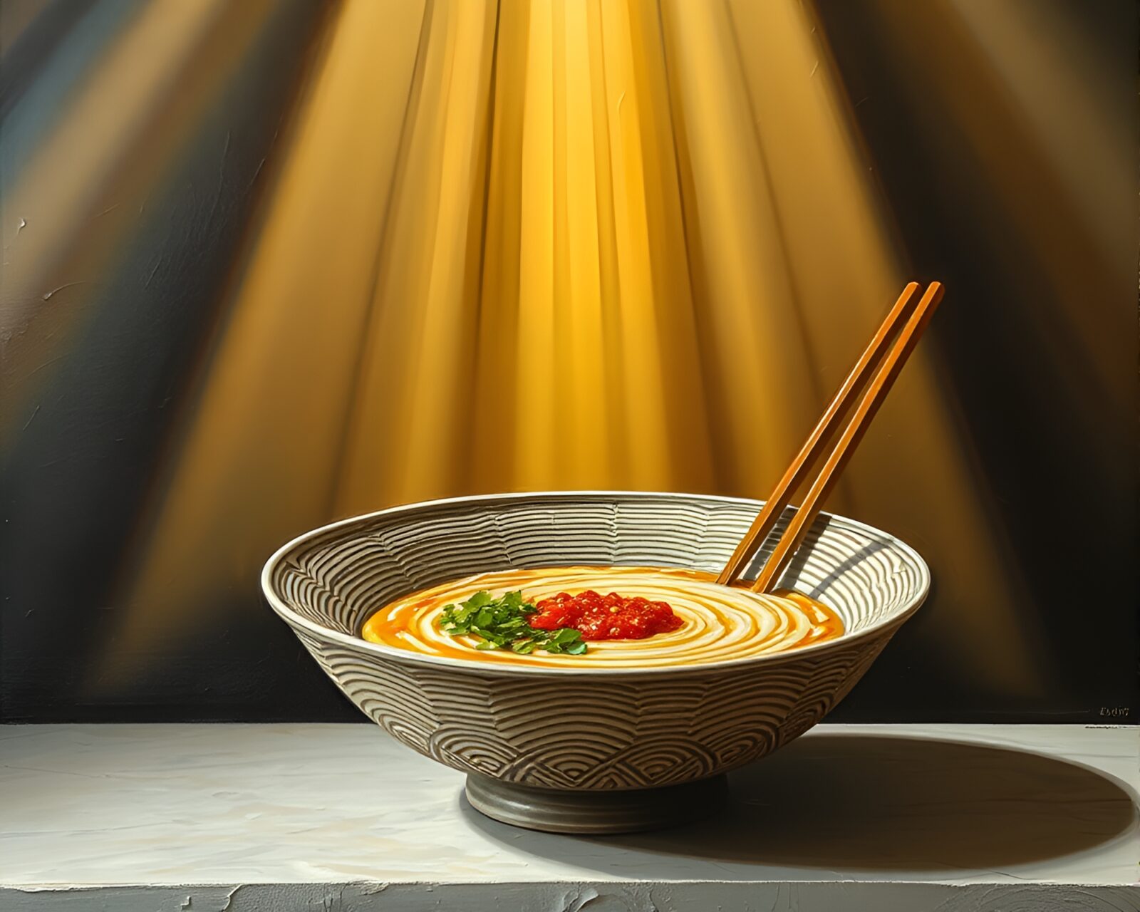 Oil impasto ridges on ramen bowl with heavenly light