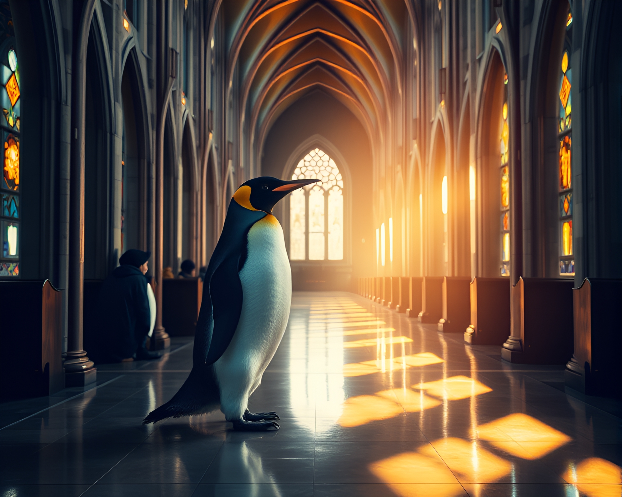 Penguin Cathedral Illuminated by Stained Light – free AI stock image