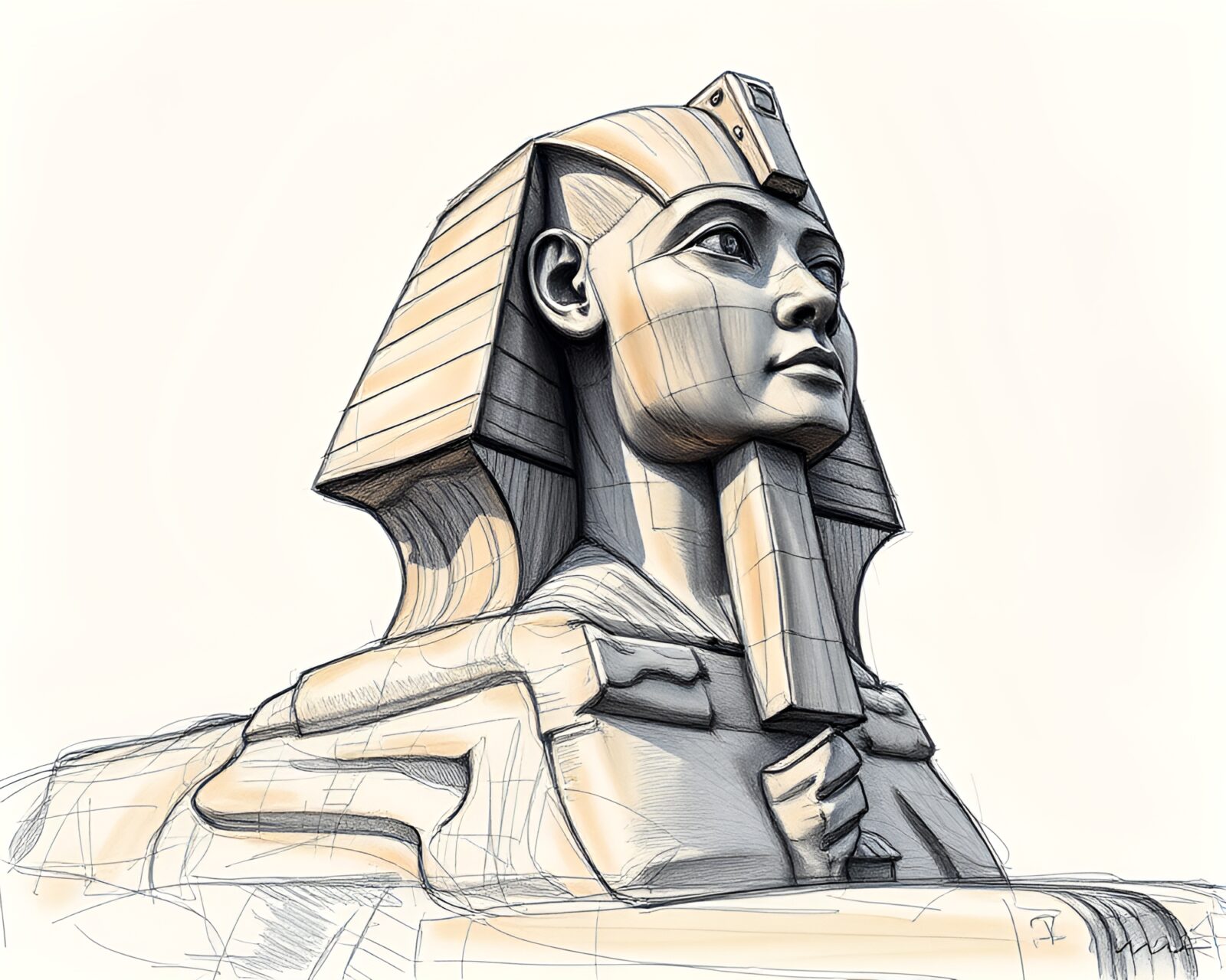 Detailed pencil drawing of Sphinx statue in vibrant colors