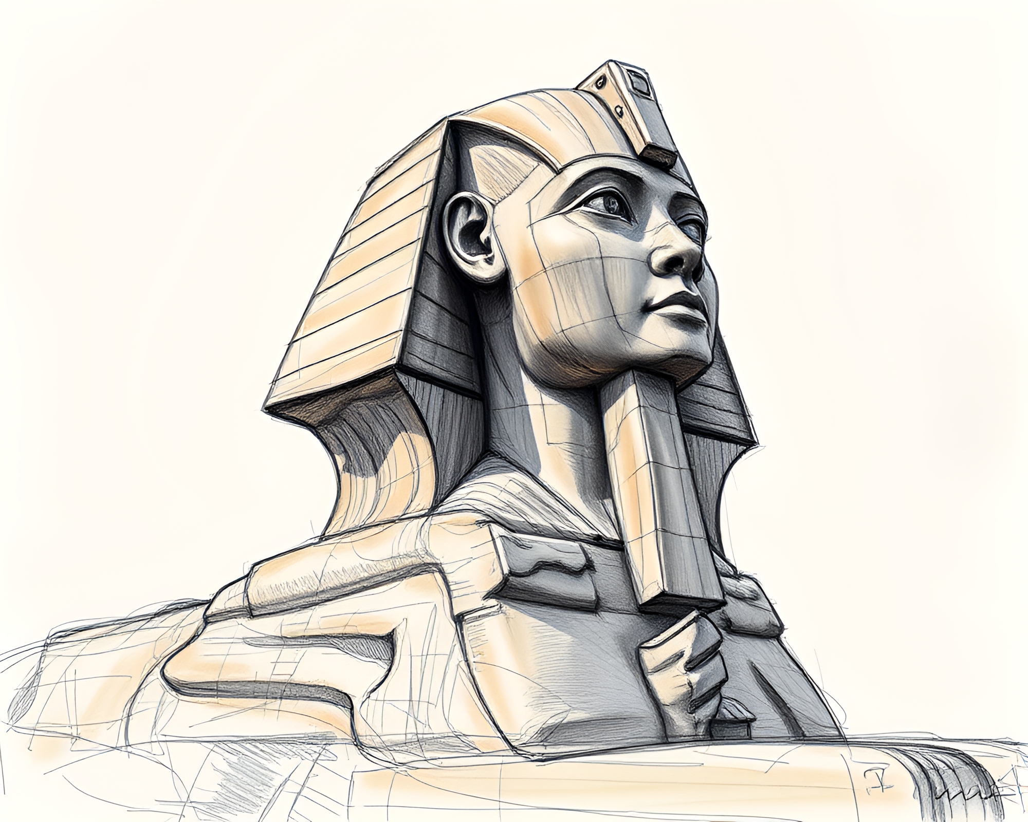 Sphinx Statue in Jewel Tones Pencil Sketch – free AI stock image