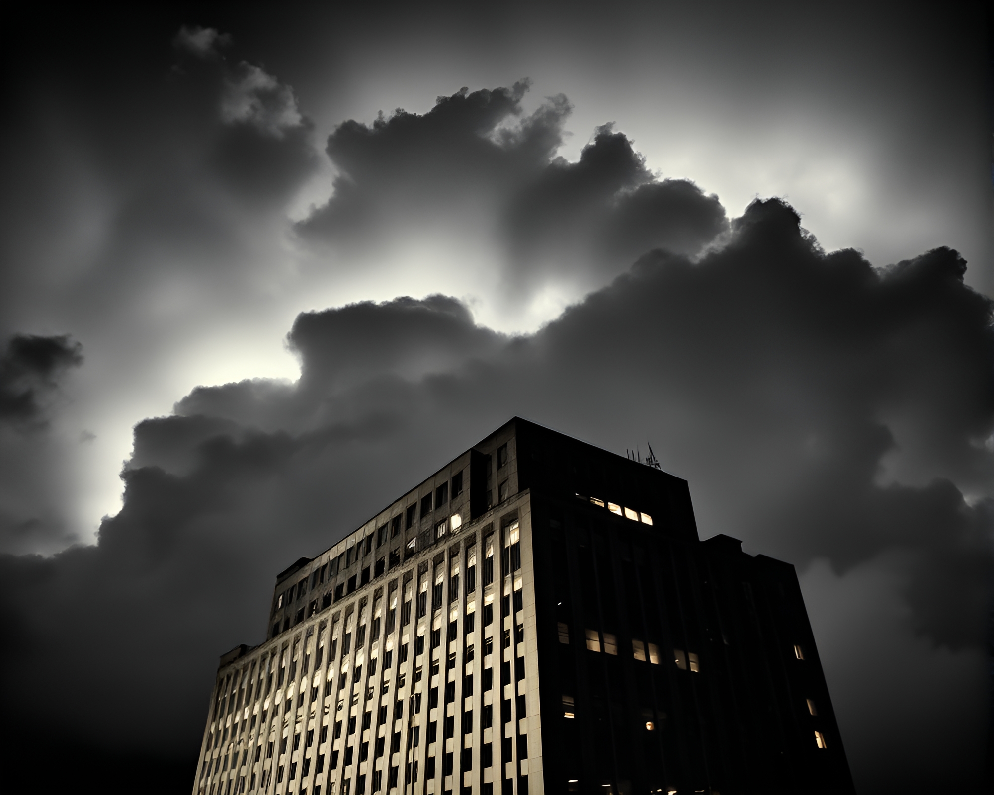 Brutalist Building in Torchlight with Divided Cloud Formations – free AI stock image