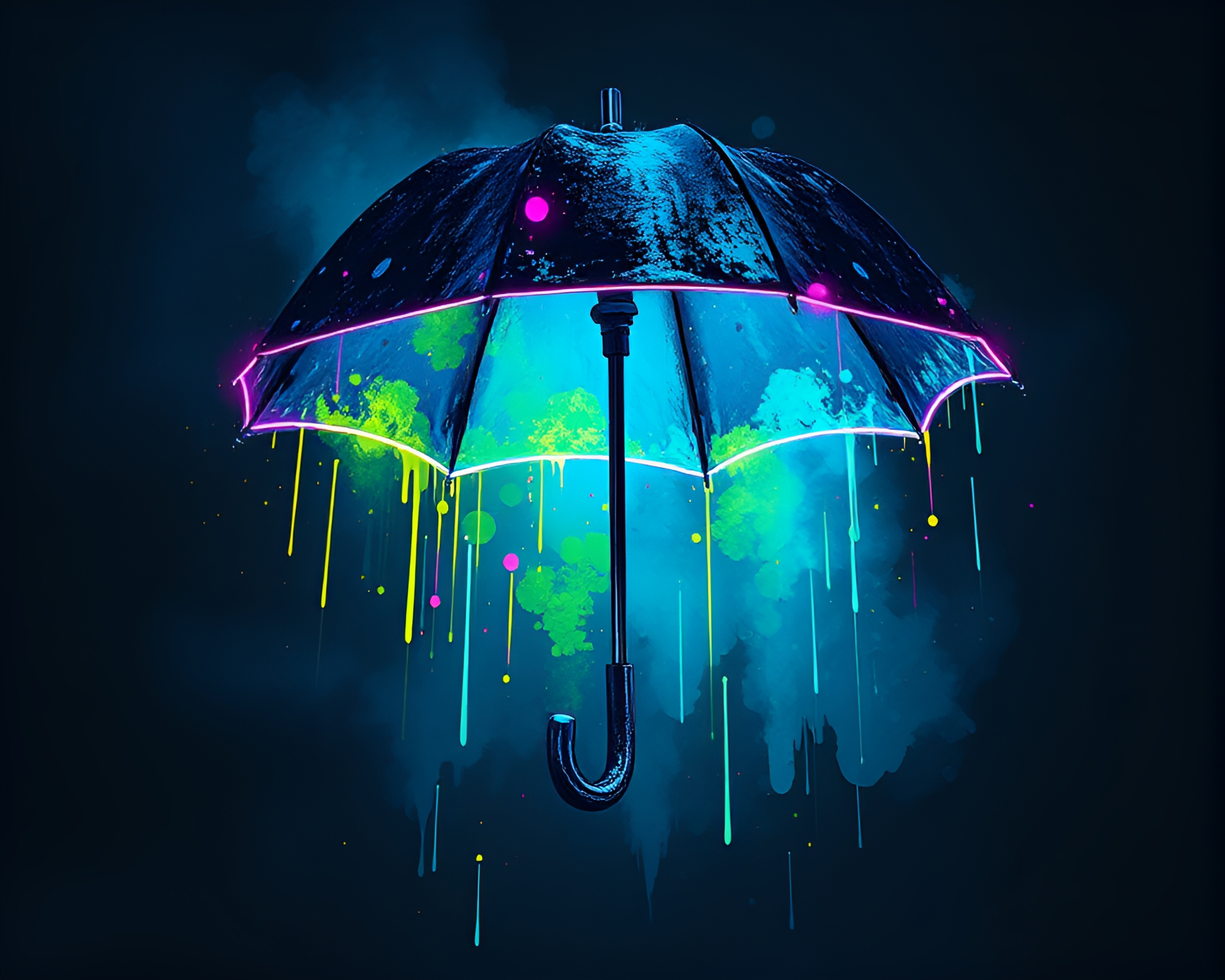 Neon-lit umbrella in ink splashes and torchlight glow – free AI stock image