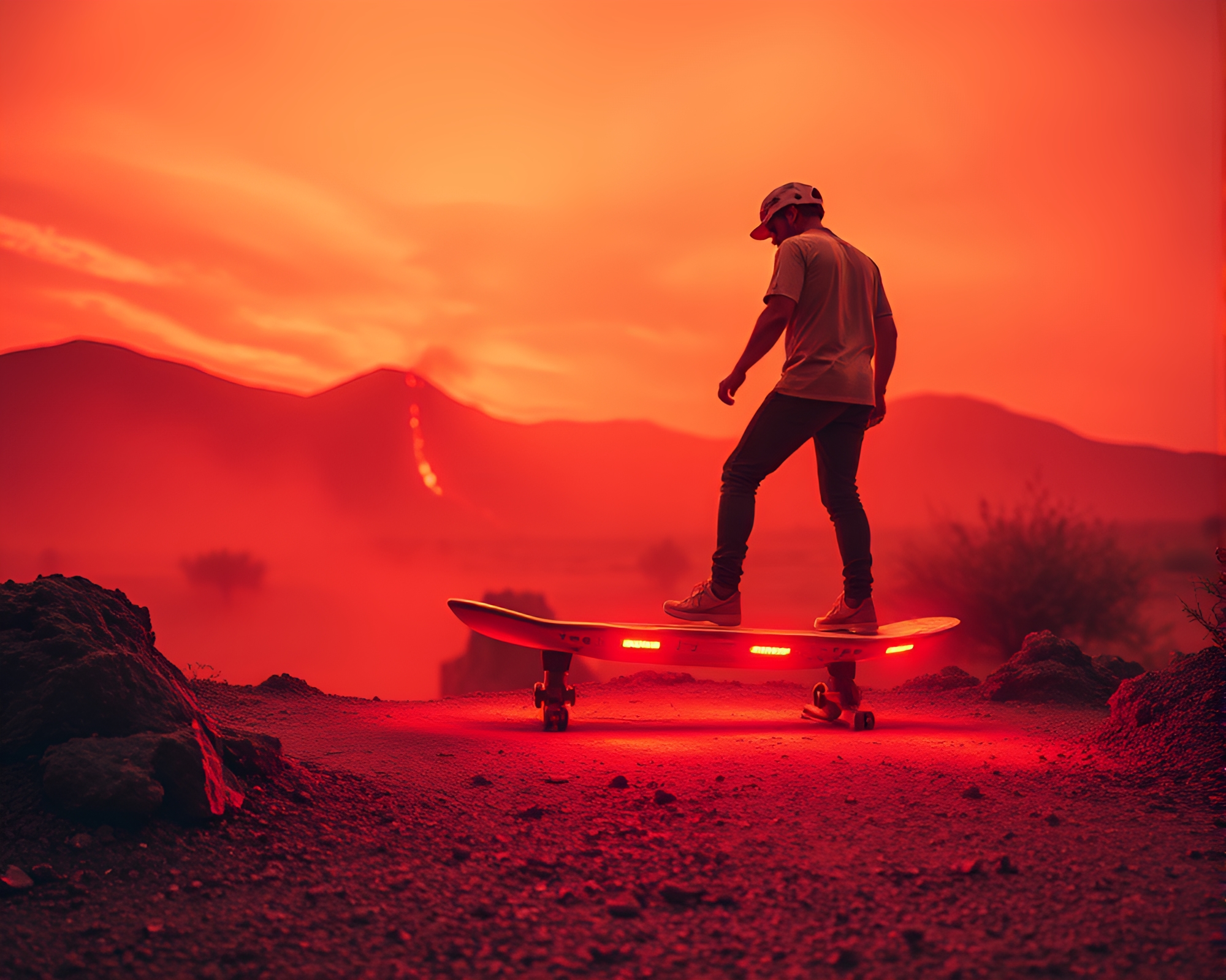 Futuristic Hoverboard Ride in Volcanic Sepia Glow – free AI stock image