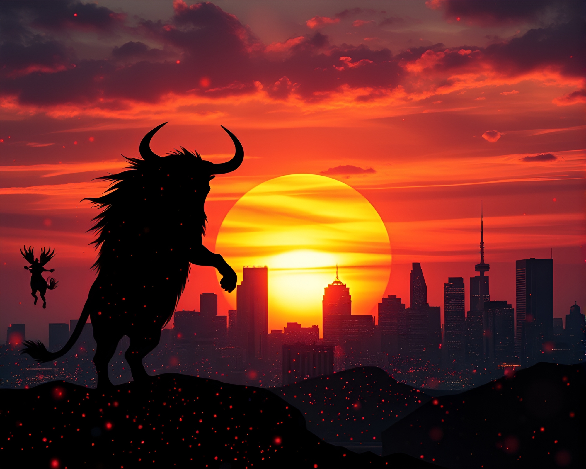 Majestic Minotaur in Sunset Skyline Particle Photocollage – free AI stock image