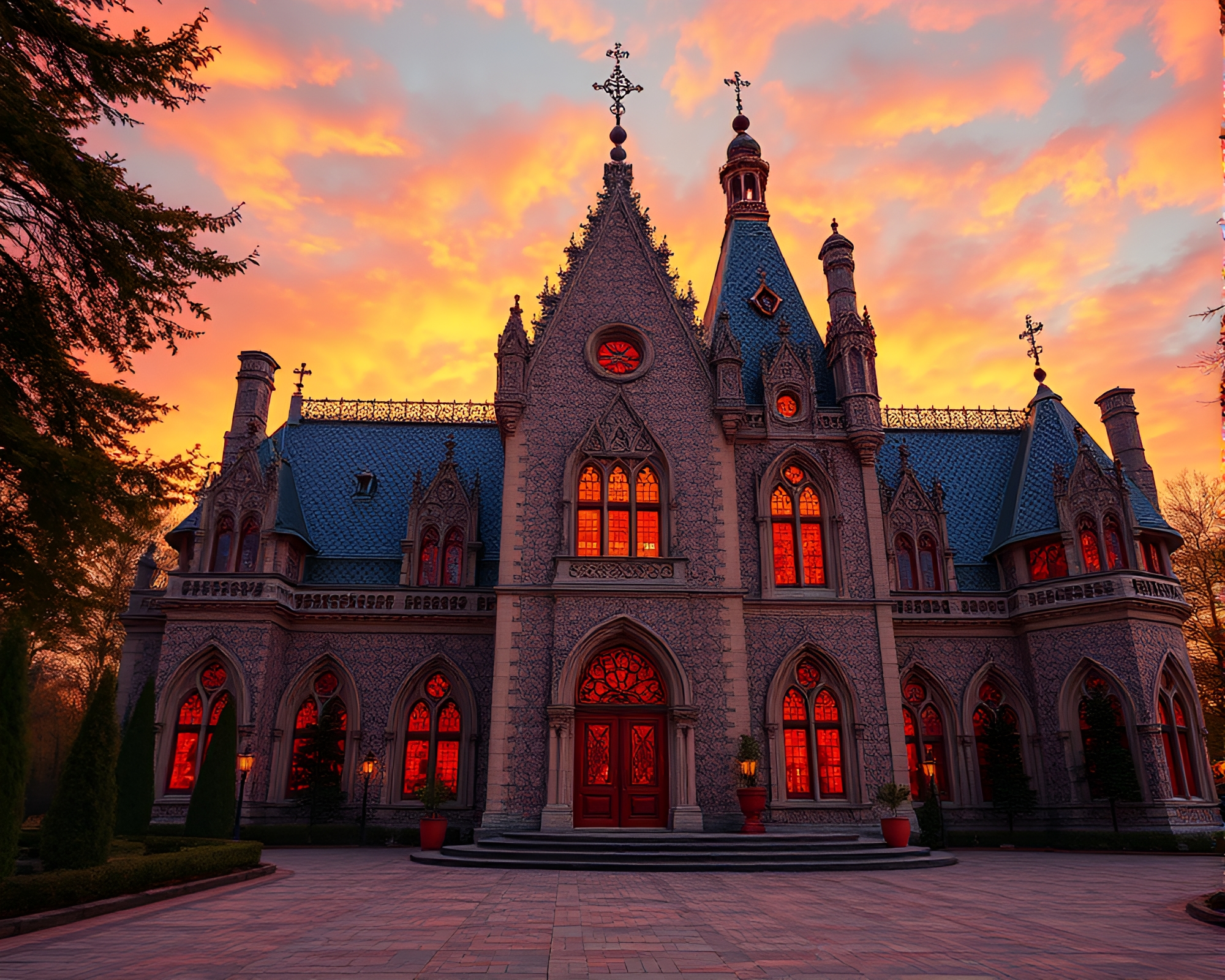 Neo-Gothic Mansion Mosaic Tiling in Warm Thermal Sunset – free AI stock image
