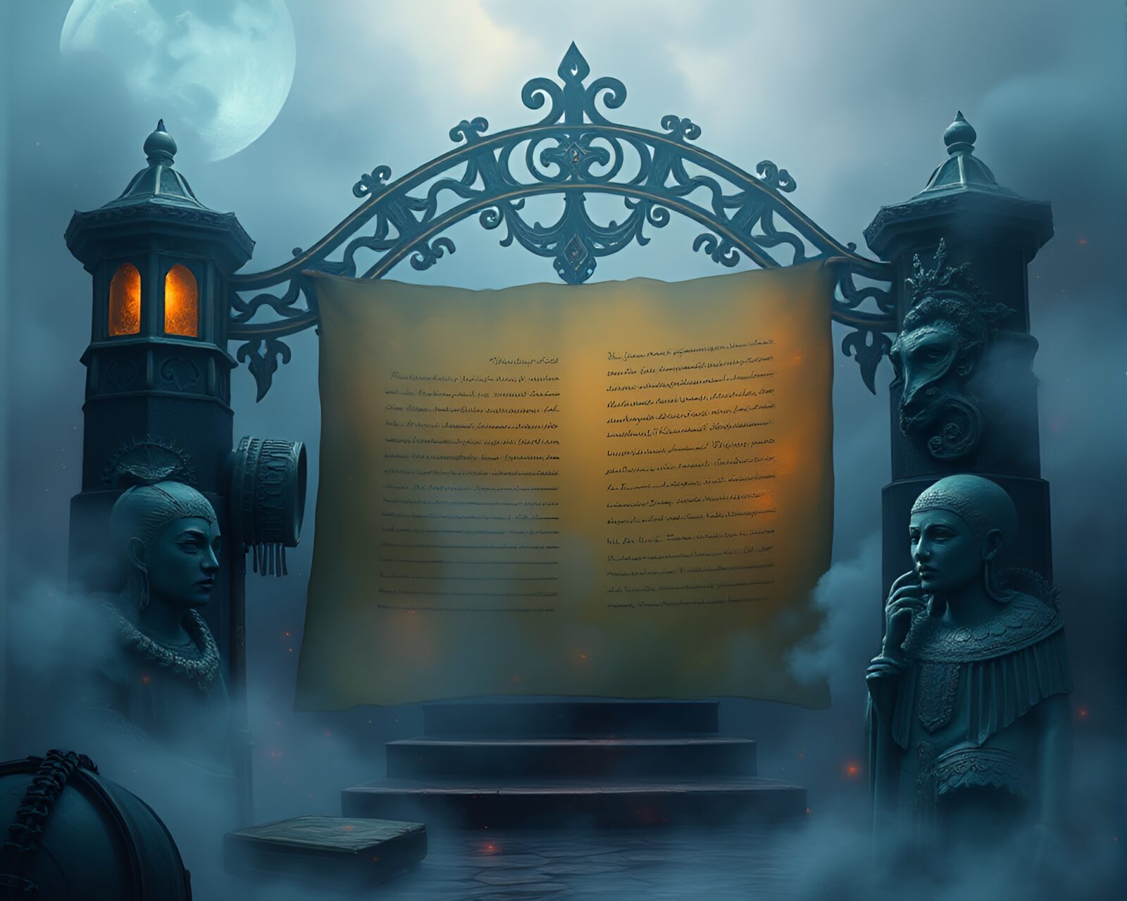 Gorgeous steampunk illustration of ancient scroll in jewel-toned fog