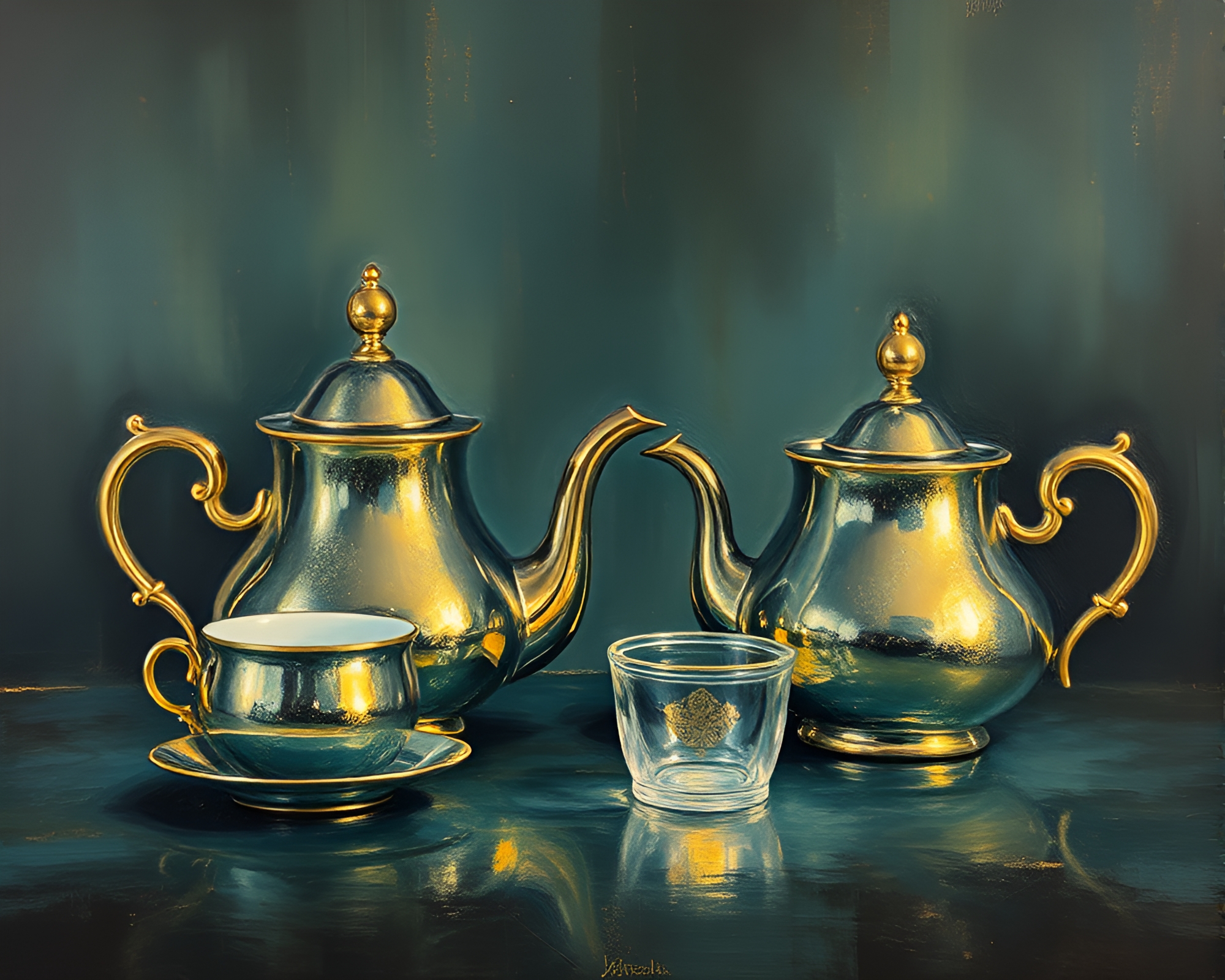 Tea set adorned with gold foil in necromantic ambiance – free AI stock image