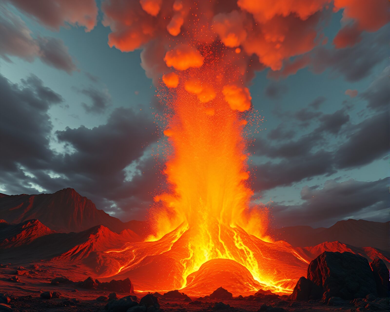 Artistic depiction of a volcanic eruption with a peachy hue