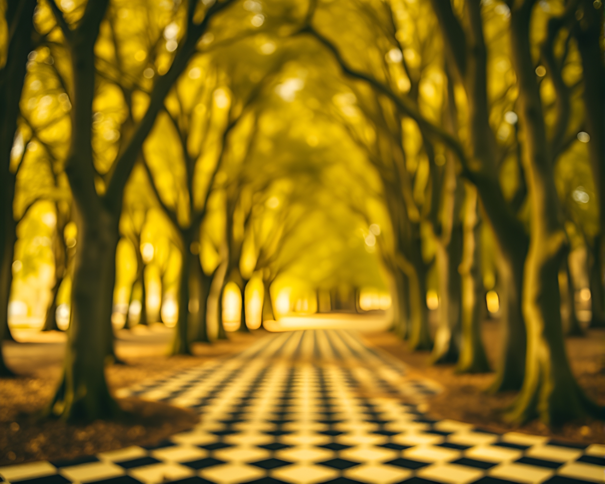 Ancient Grove Illuminated in Monochrome Yellow Checkered Bokeh – free AI stock image