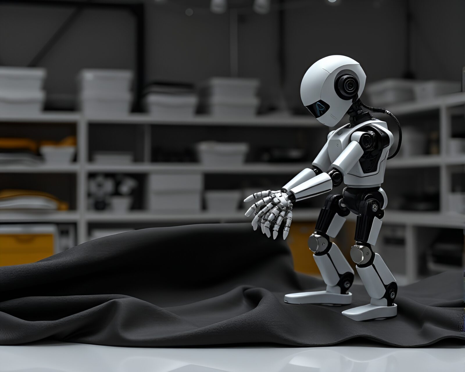 3D scan of dark robotic fabric arrangement in lab
