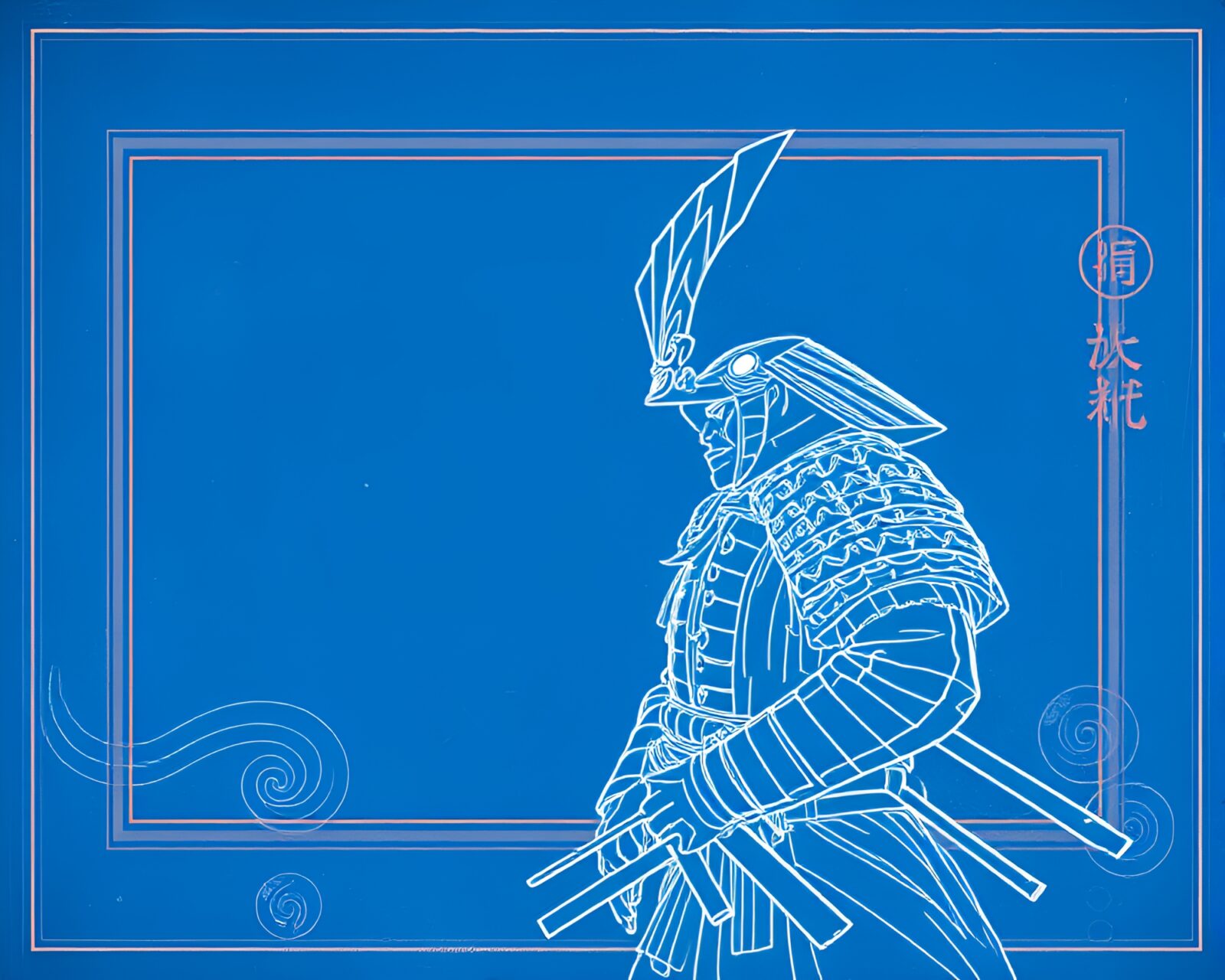 Blueprint art style of a samurai warrior in ocean blue hues