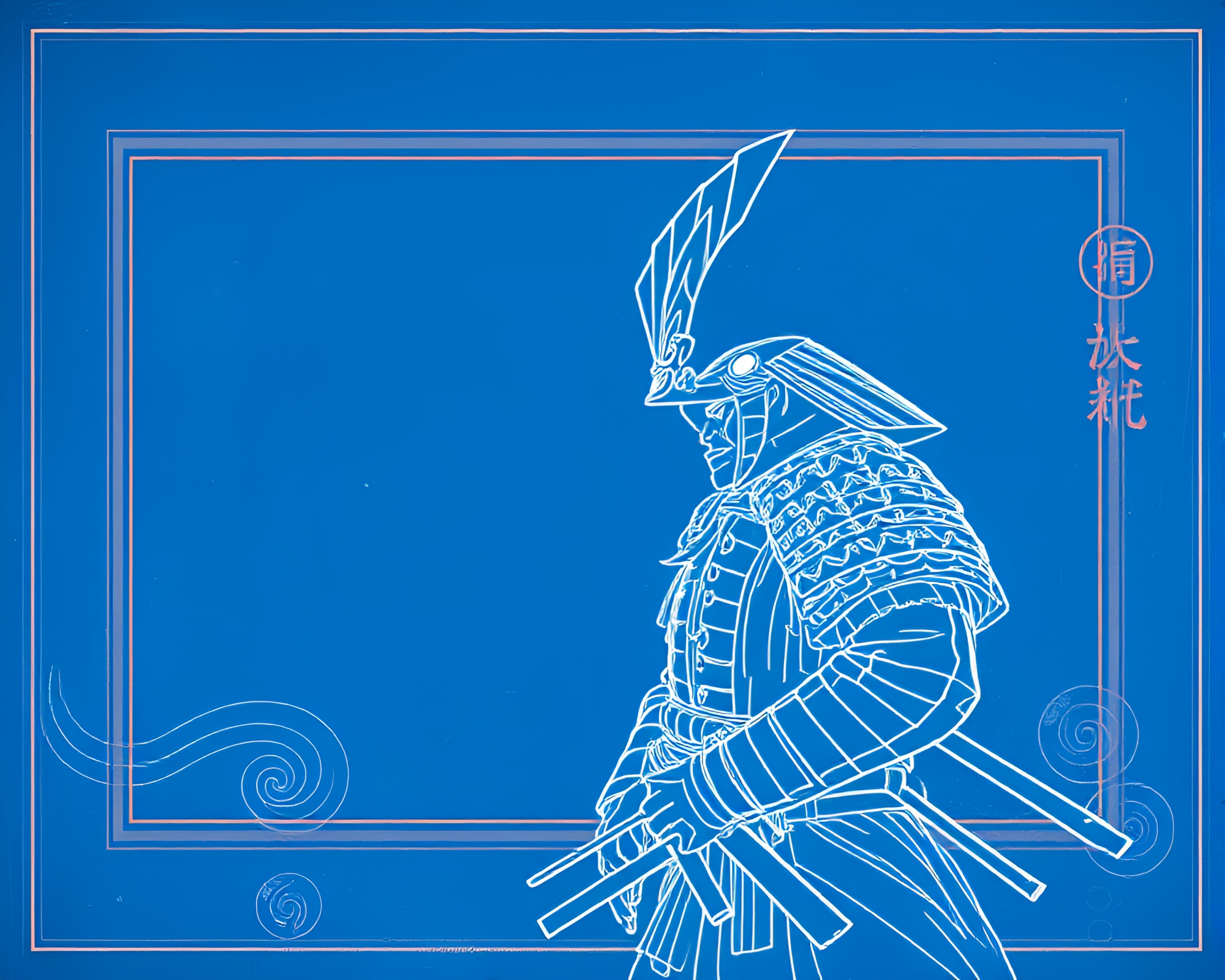 Samurai Warrior Framed Blueprint in Ocean Blue Mood – free AI stock image