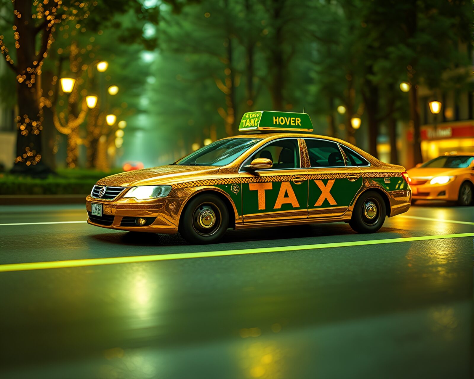 Stereoscopic 3D image of a hover taxi in a green forest