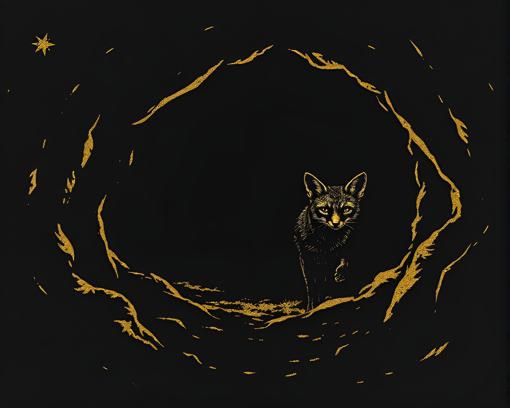 Fennec Fox Foil Stamping Adventure in Dark Cave – free AI stock image