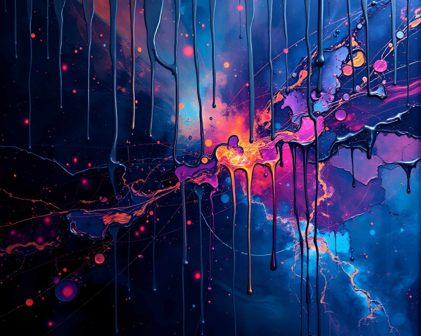 Abstract image with glowing fractals and quantum fluctuations paint drips