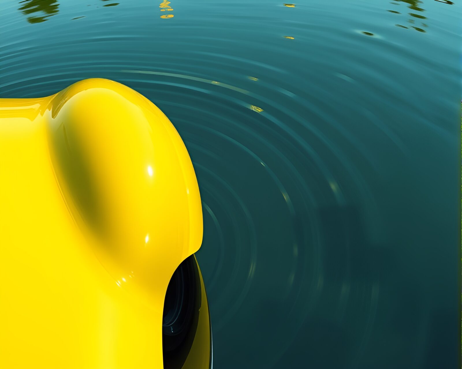 Futuristic flying car reflecting on water with lemon yellow hues