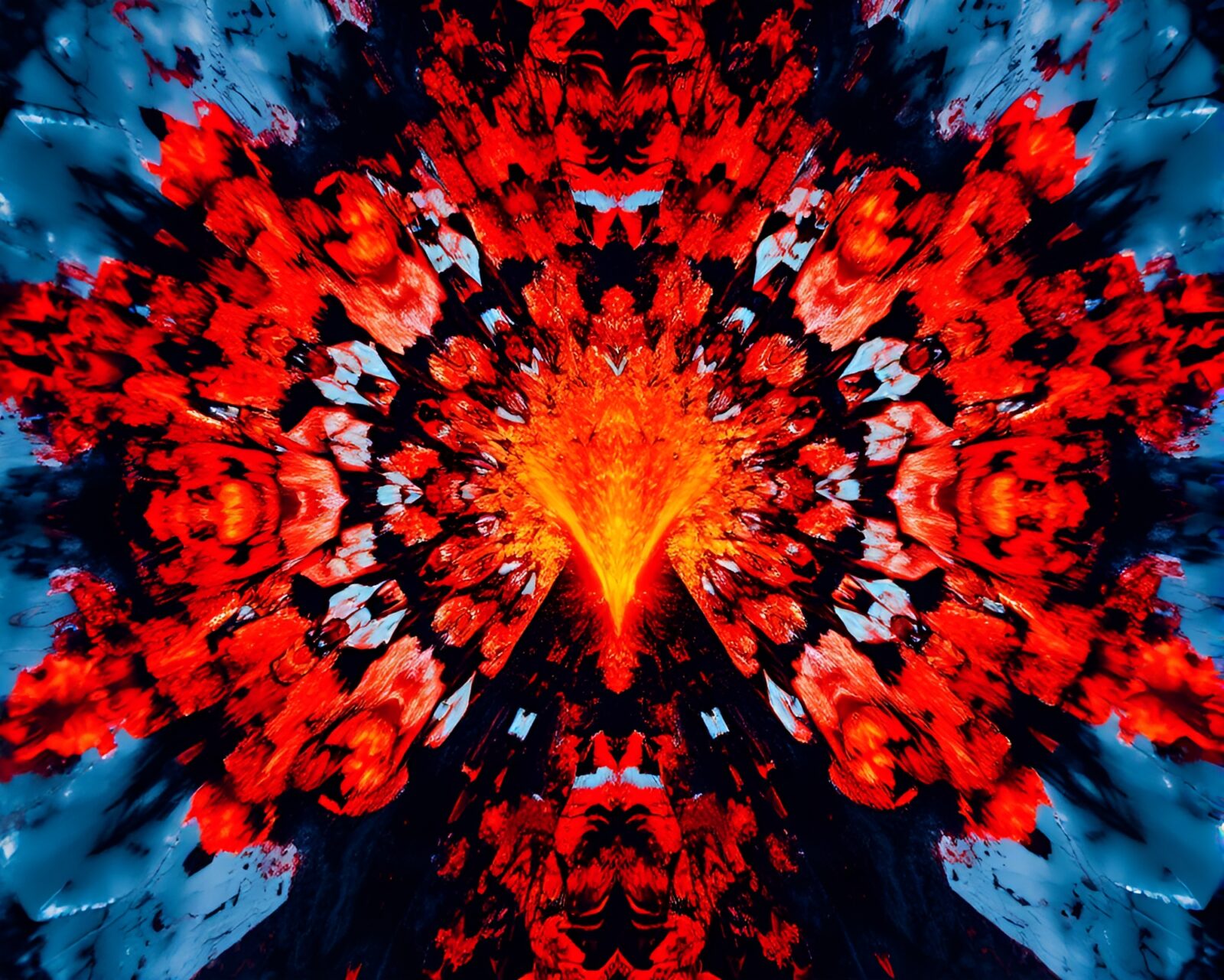 Abstract wide-angle photo of red volcanic chaos