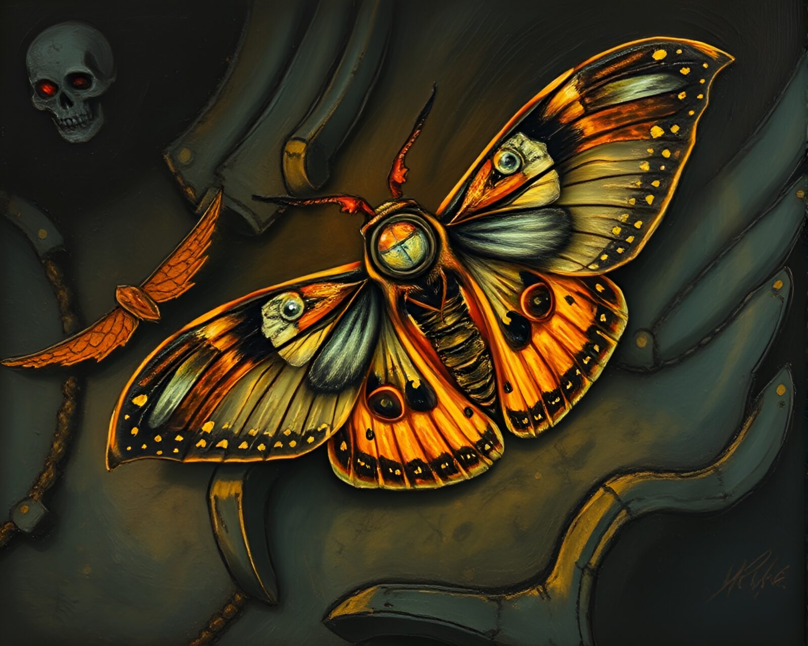 Oil impasto ridges create texture in a steampunk moth illustration