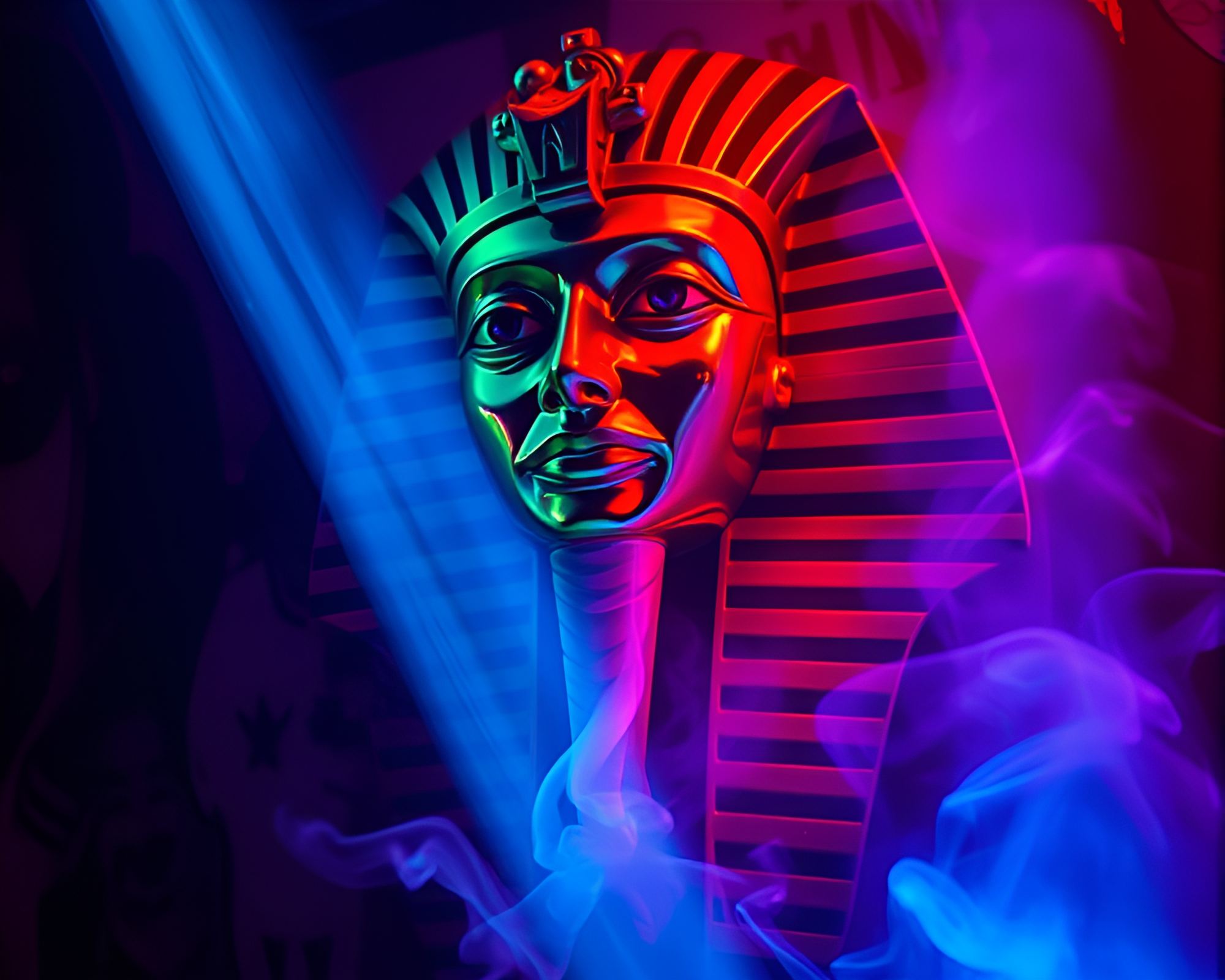 Pharaoh’s Mask in Smoke Ring Club Light Mural – free AI stock image