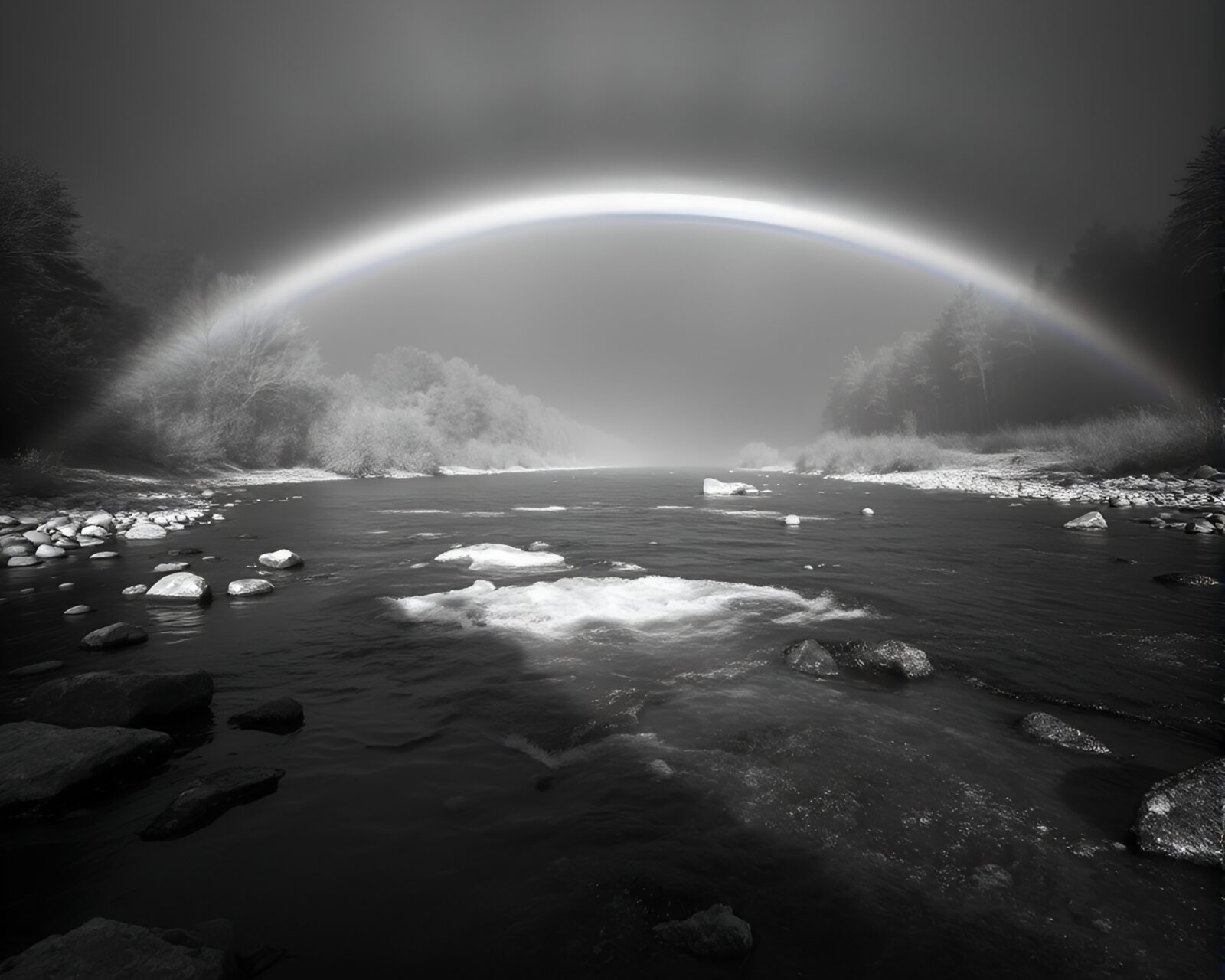 Black and white image of rainbow refraction over savage river